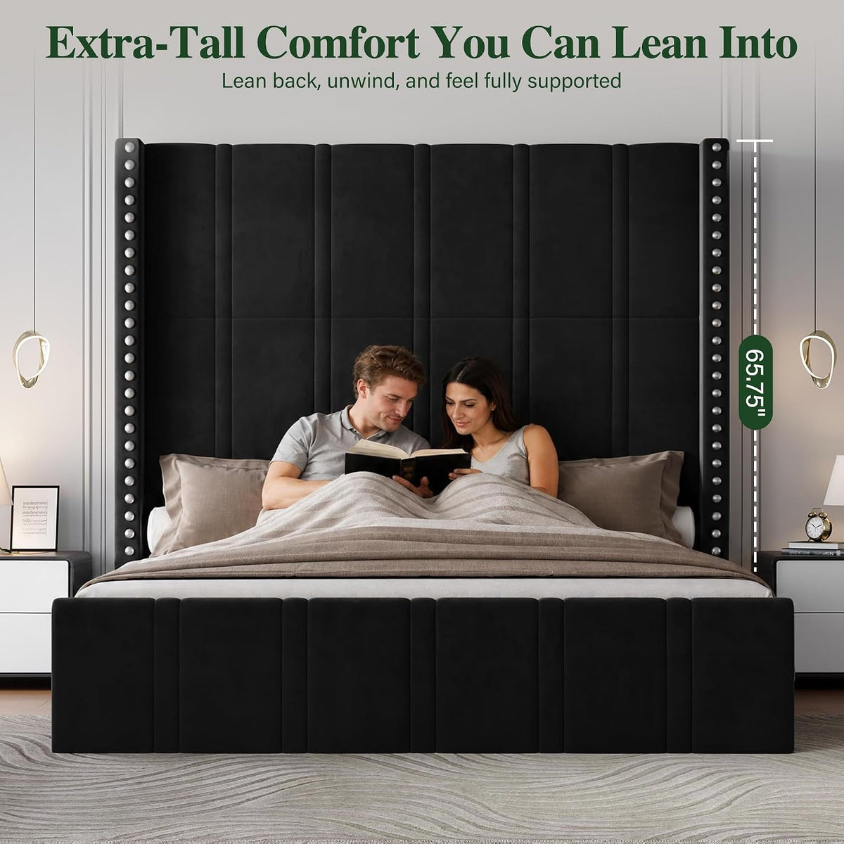 65.75" Tall King Size Bed Frame and Headboard, Black