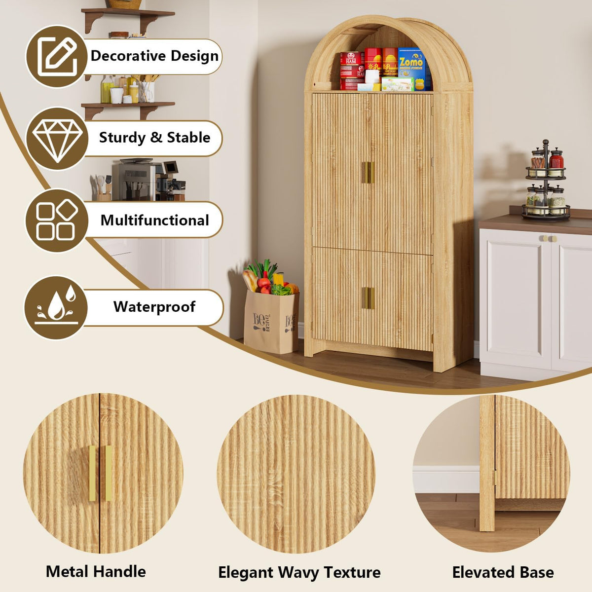 Arched Cabinet, 71" Tall Arched Kitchen Pantry Storage Cabinet with Doors, Modern Fluted Kitchen Storage Cabinet with Adjustable Shelves, Natural Cupboard for Kitchen, Dining Room, Bathroom