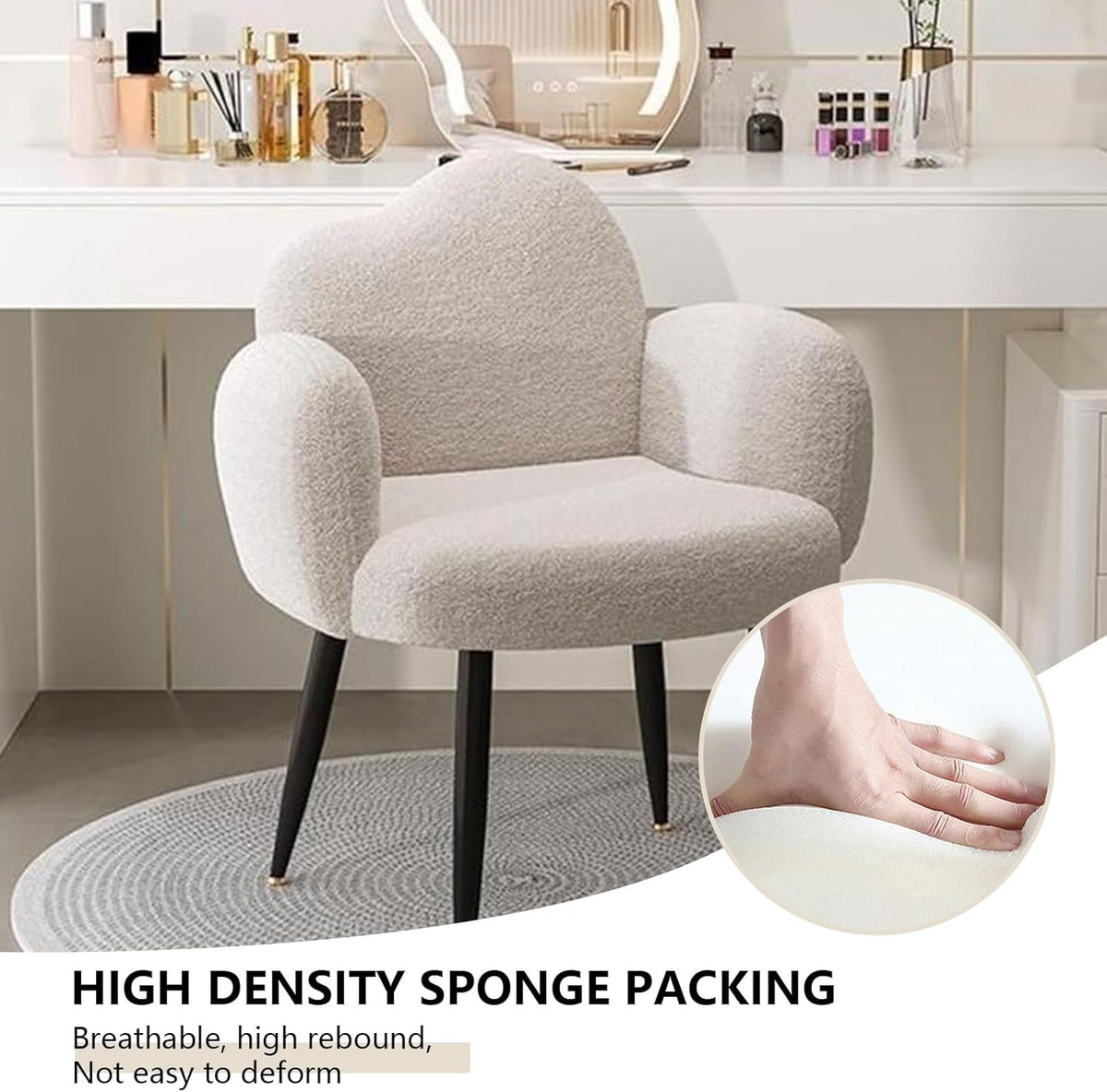 Modern Upholstered Vanity Chair with Arms, No Wheels Desk Chair, Soft Comfortable Accent Chair for Makeup, Bedroom, Living Room, Office or Balcony (White)