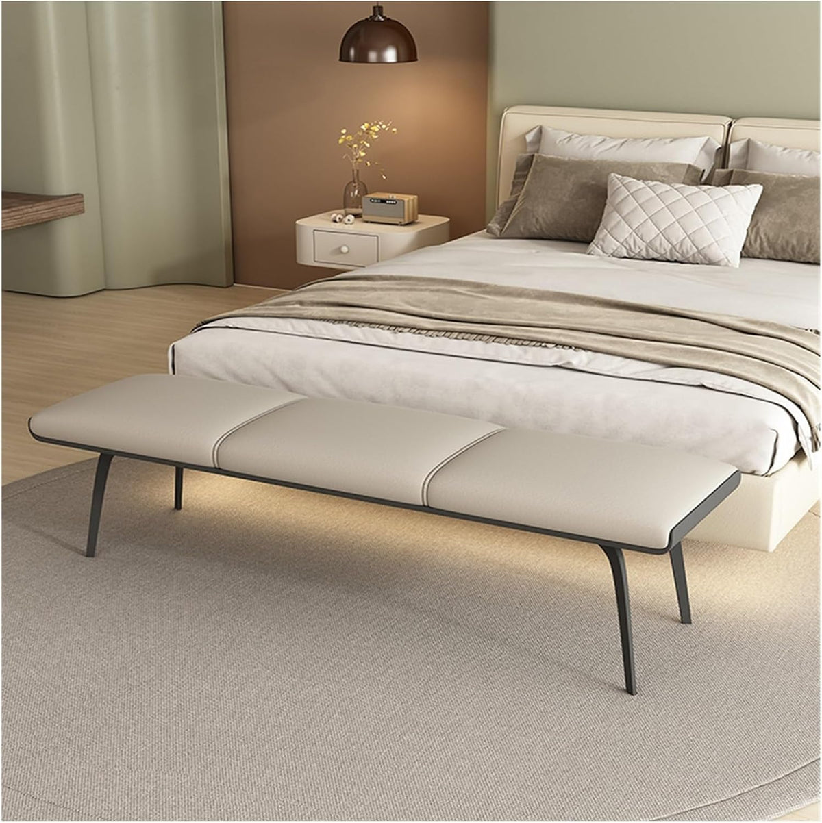 Modern Bedroom Bench Leathers, Upholstered End of Bed with Padded Seat and Metal Legs, Modern Indoor Footrest for Entryway Living Room, Bedrooms Entryway(Beige)