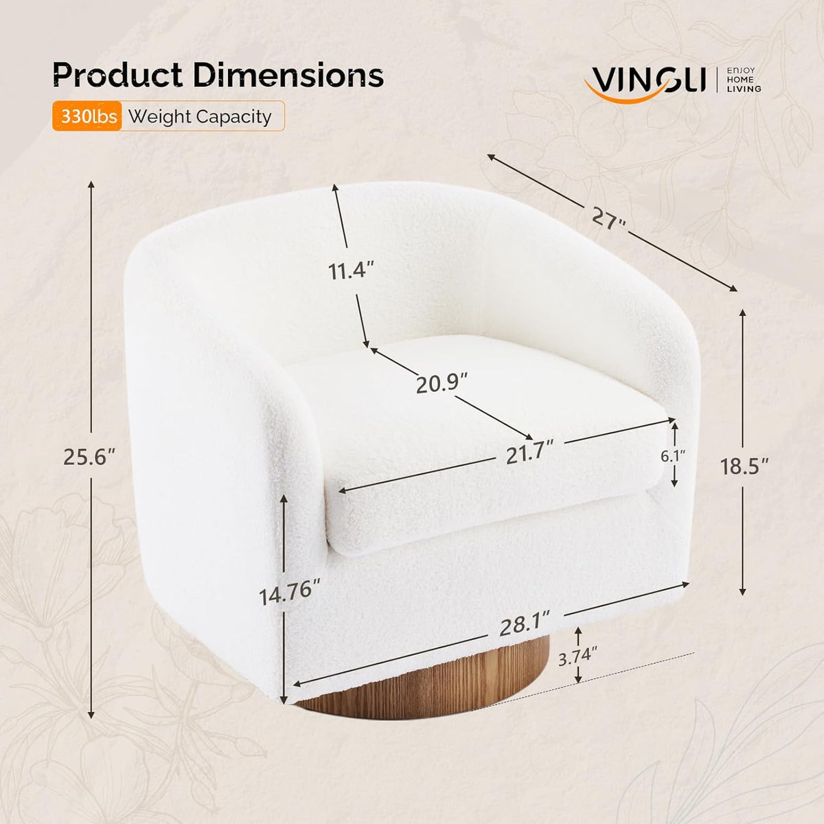 VINGLI 360°Swivel Accent Chair with Engineered Wood Base and Removable Cushion for Living Room, Bedroom, Curved Back Barrel Chair for Small Space, Upholstered Bucket Armchair, Teddy White