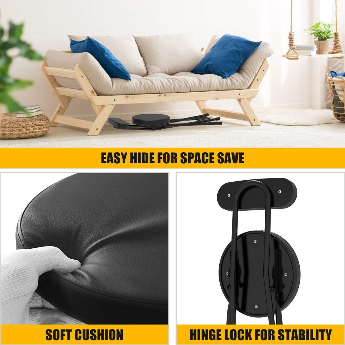 Folding Stool,Cushioned Padded Folding Stool 18.1 inch,Black Portable Heavy Duty Collapsible Padded Round Stool