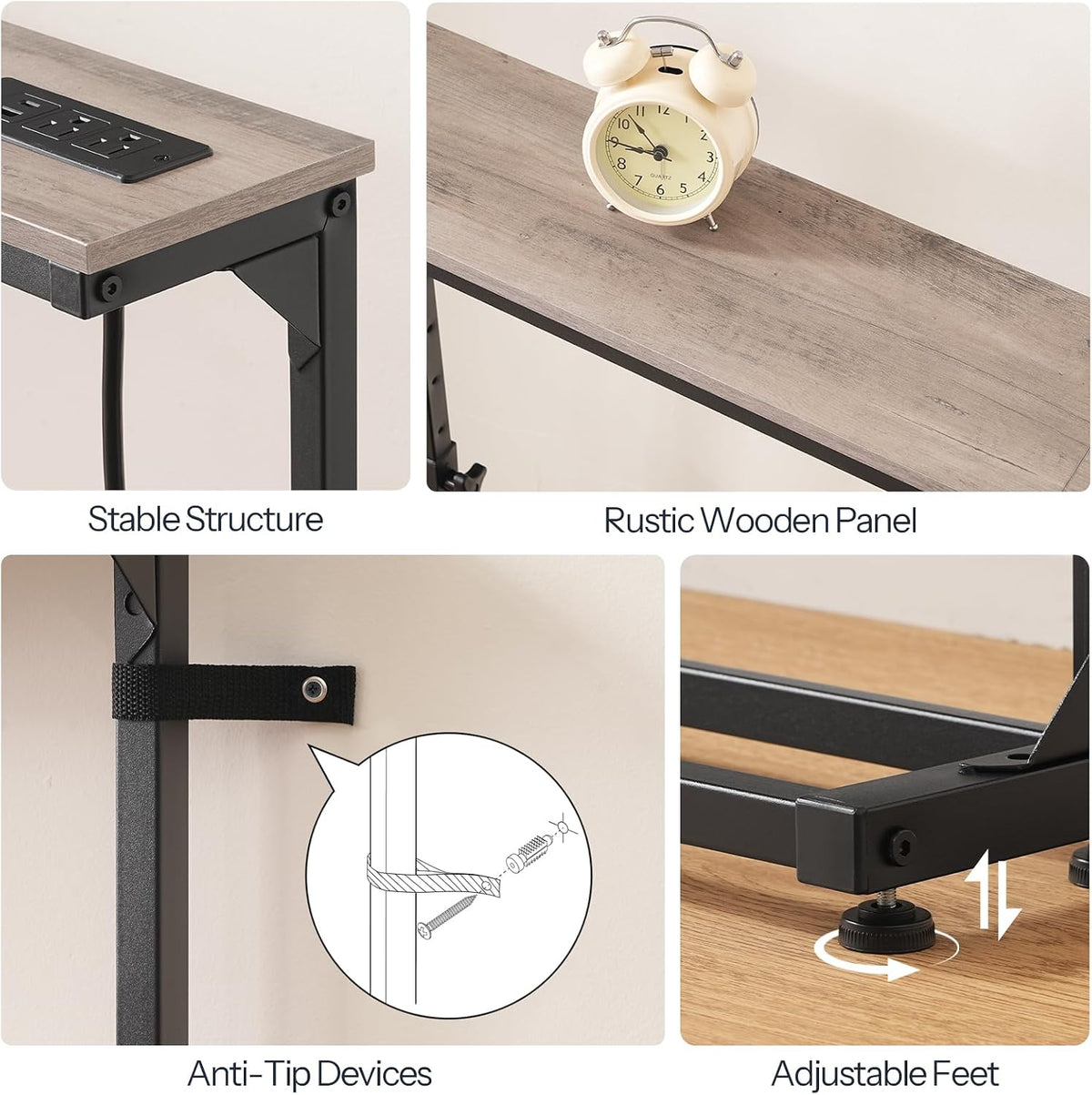 HOOBRO Narrow Console Table Set of 2 with Charging Station, Adjustable Height Sofa Table (25''-32.9''), Slim Behind Couch Table for Small Spaces, Entryway, 78.8" Greige and Black BG95UXGP201