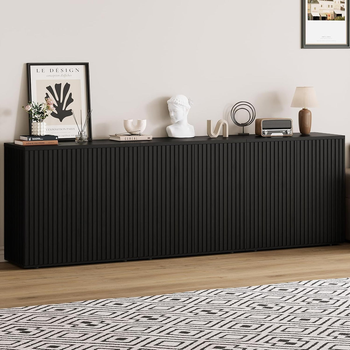 Rophefx Fluted Sideboard Cabinet, 94.5" Buffet Cabinet with Storage, Credenza Storage Cabinets with Adjustable Shelf, Wood Entryway Cabinets with Pop-up Doors for Living Room, Entryway, Hallway, Black