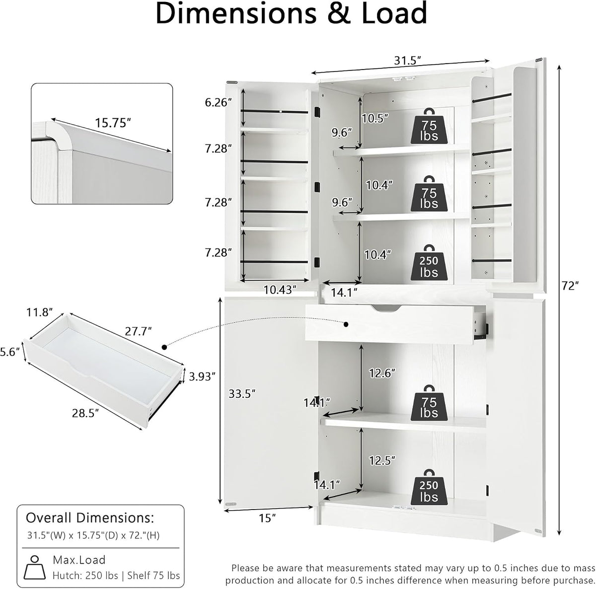 72'' Tall Mid-Century Kitchen Pantry with 3 Adjustable Shelves, Freestanding Storage Cabinet with 8 Door Shelves & 1 Hidden Drawer, Versatile Cupboard for Kitchen, Dining & Living Room,White