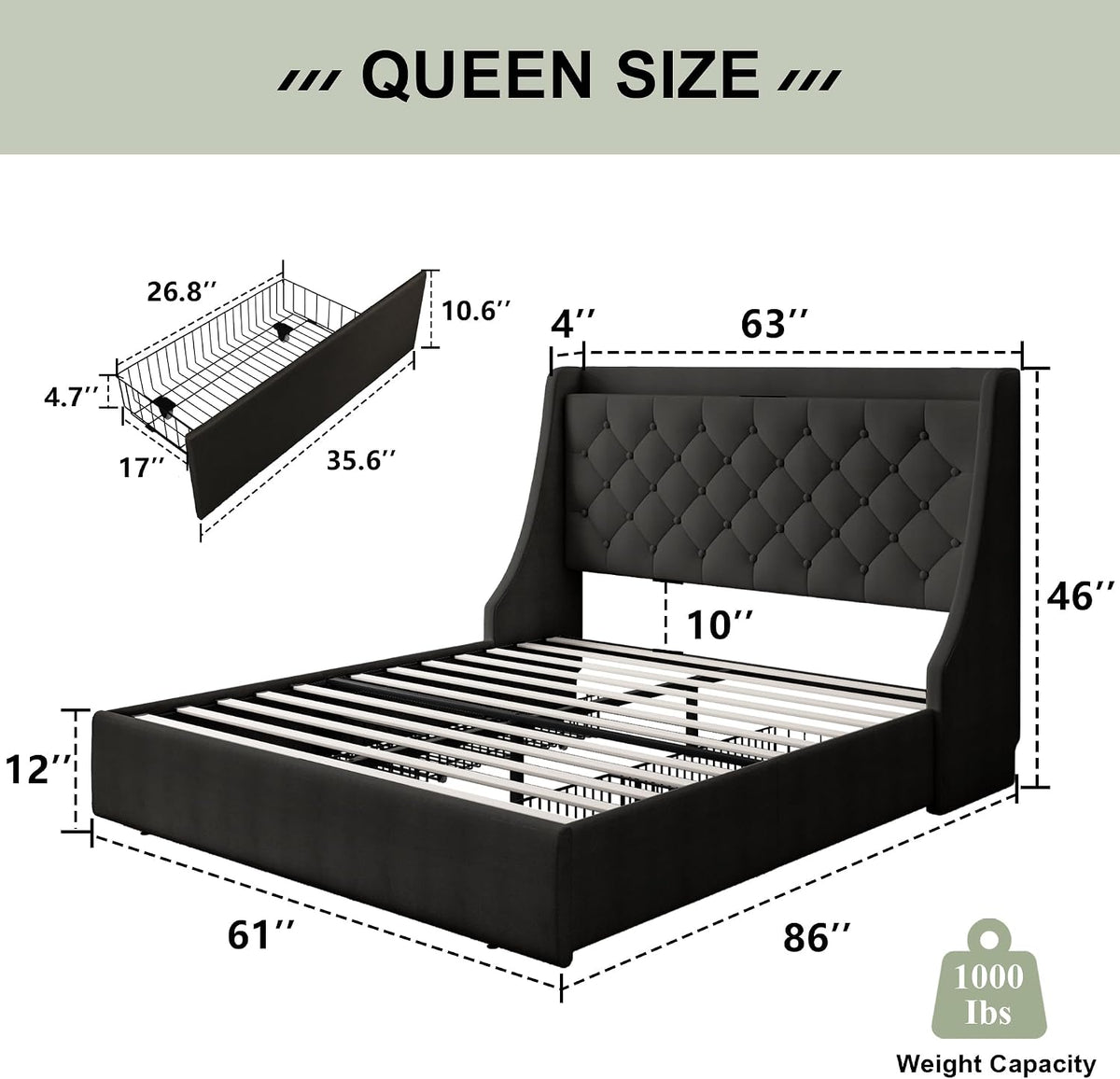 Feonase Upholstered Queen Size Bed Frame with 4 Storage Drawers, Storage Bed with Charging Station, Large Wingback Headboard, No Box Spring Needed, Black