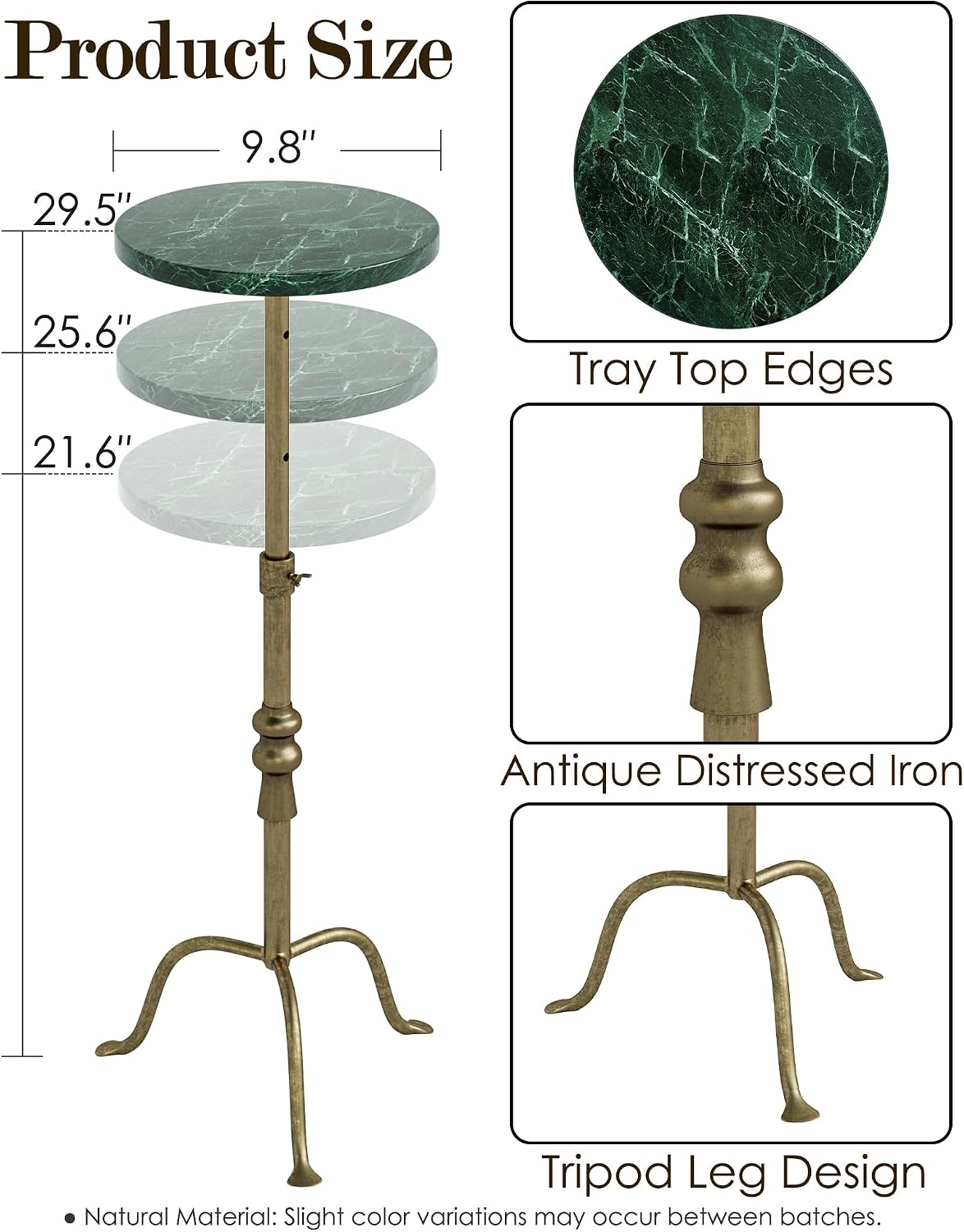 Adjustable Height Round Pedestal Table - 22-30 Inch, Modern Martini Cocktail End Table with Natural Travertine Top & Antique Brass Base for Small Spaces Living Room, Bedroom (Green Marble)