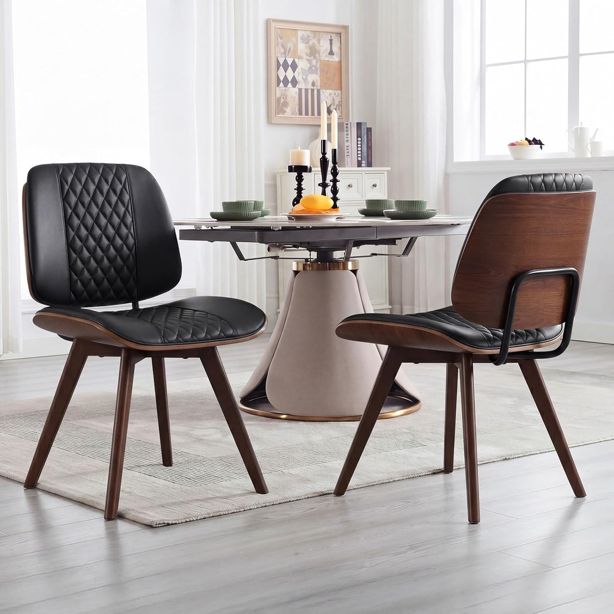 BV Dining Chairs Set of 4, PU Leather Armless Kitchen Chair in Modern Walnut Style, Mid Century Bentwood Side Chair with Wood Legs, Retro Accent Guest Chair for Kitchen Dining Room(Black)