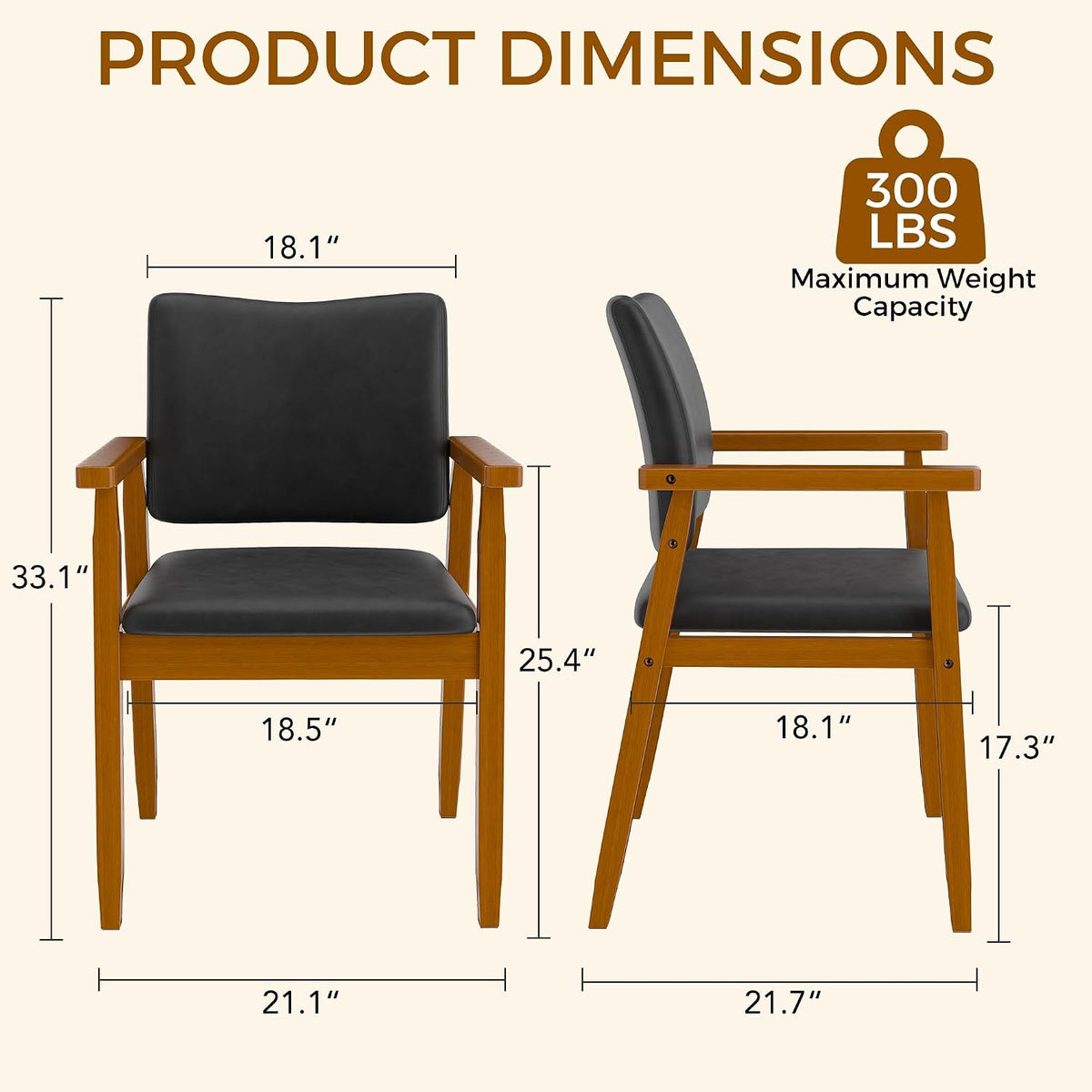Dining Chairs with Arms Set of 4, Wood Frame Faux Leather Kitchen Chairs, Comfortable Upholstered Accent Chairs for Kitchen, Dining Room,and Living Room(Black)
