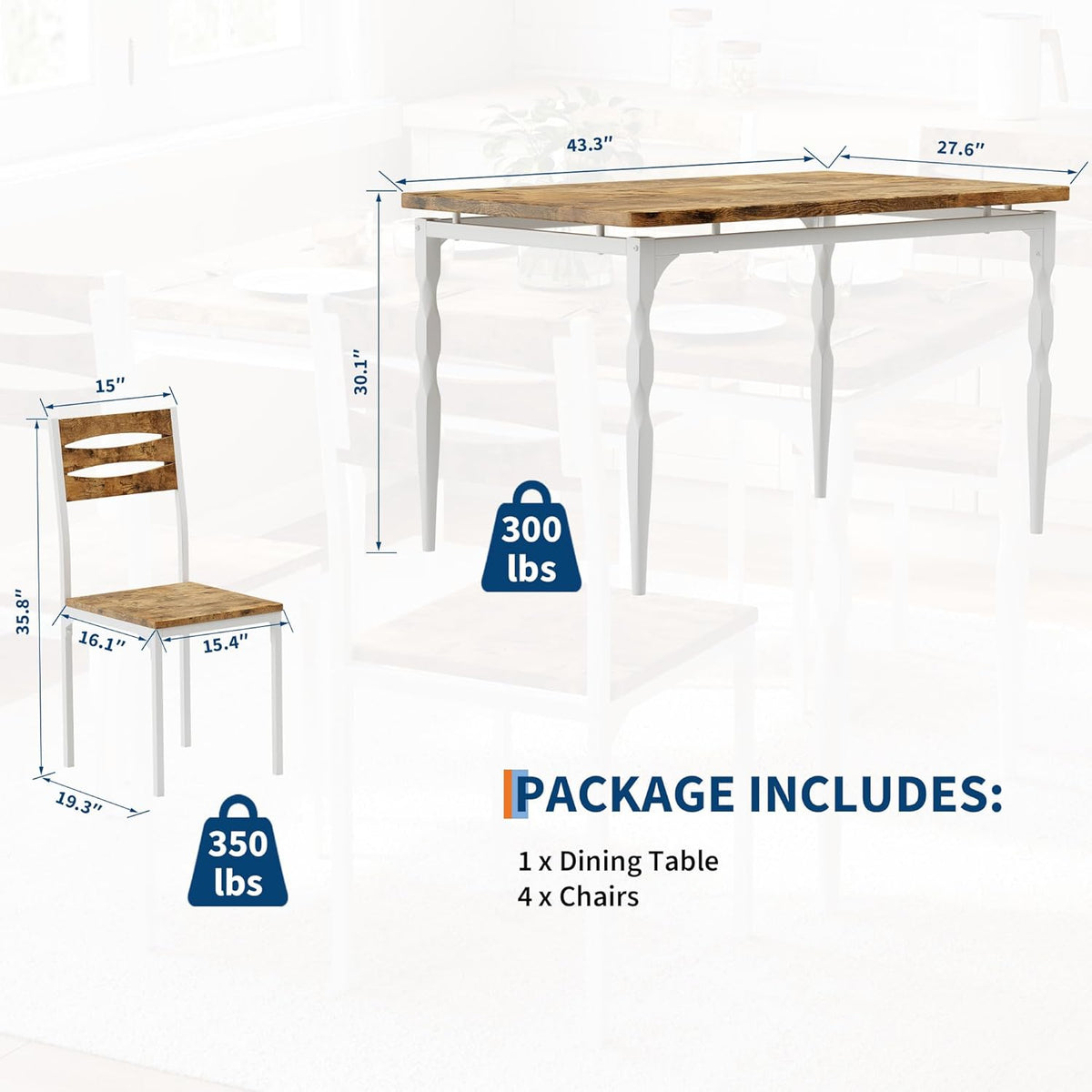 GarveeHome 5 Piece Dining Table Set, Industrial Style Dining Table and Chairs Set for 4, Kitchen Table Set for Dining Room Kitchen Apartment, White Brown