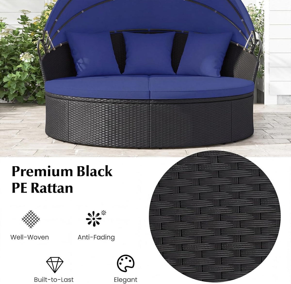 RELAX4LIFE Round Outdoor Daybed with Canopy - Wicker Sectional Sofa Sunbed w/Cushions & 3 Pillows, Rattan Clamshell Conversation Lounger Separated Seating Set for Garden Porch, Patio Day Bed (Navy)