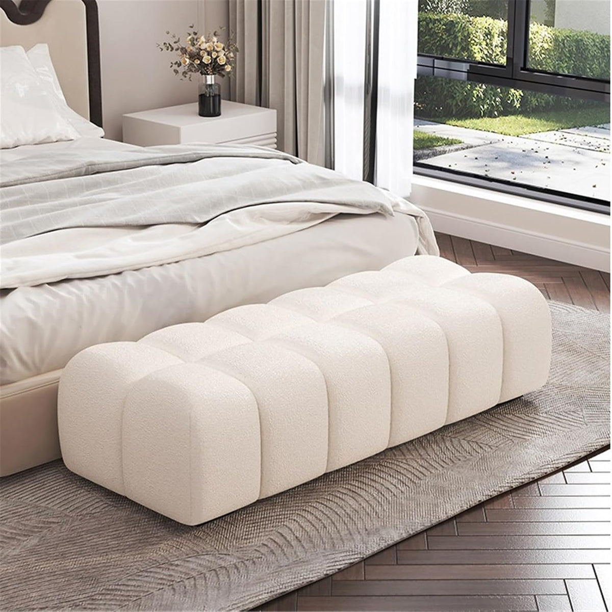Modern Fabric Bed end Bench Long Bedroom Tatami Mat Dressing Room Sofa Wooden Shoe Changing Stool Entryway(Medium)