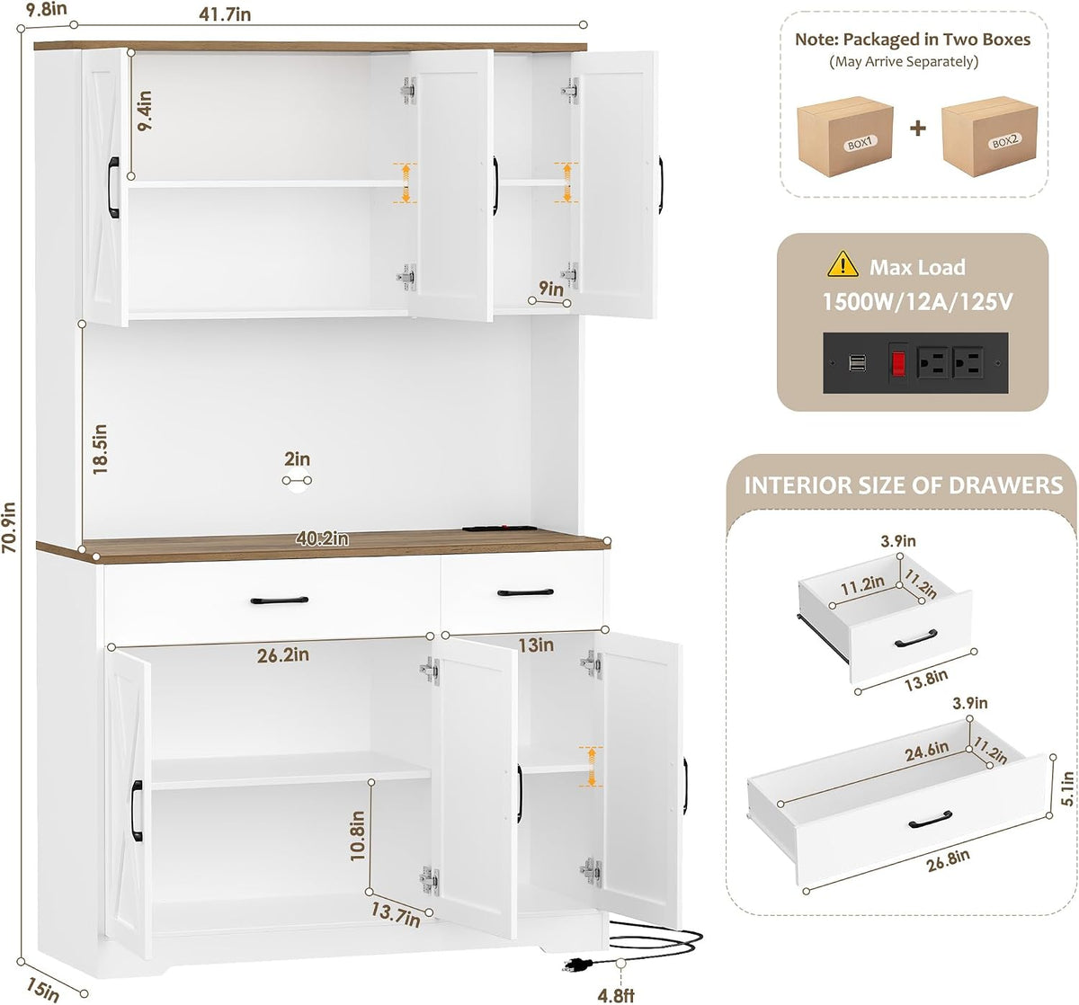 HOSTACK 71"H Kitchen Pantry Storage Cabinet, Farmhouse Hutch Cabinet, White | Space-Saving Pantry Cabinet with Charging Station & 2 Large Drawers & Adjustable Shelves, Tall Kitchen Hutch, Dining Room