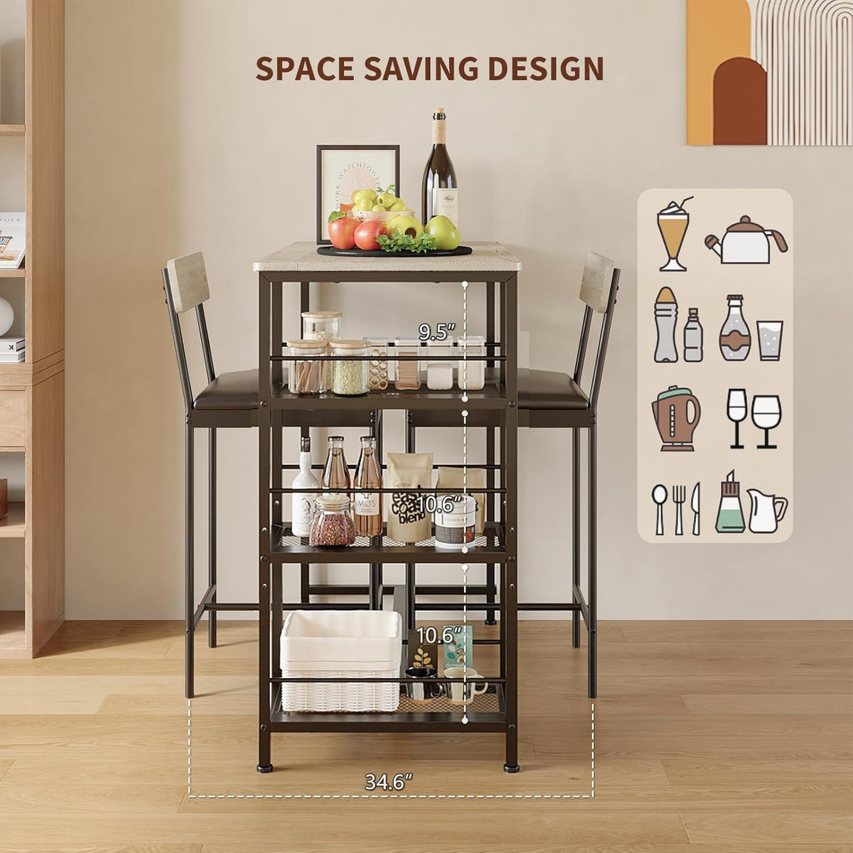 3-Piece Dining Table Set with Storage Shelves and 2 Upholstered Chairs, MDF & Iron Frame Small Kitchen Table for Apartment, Studio