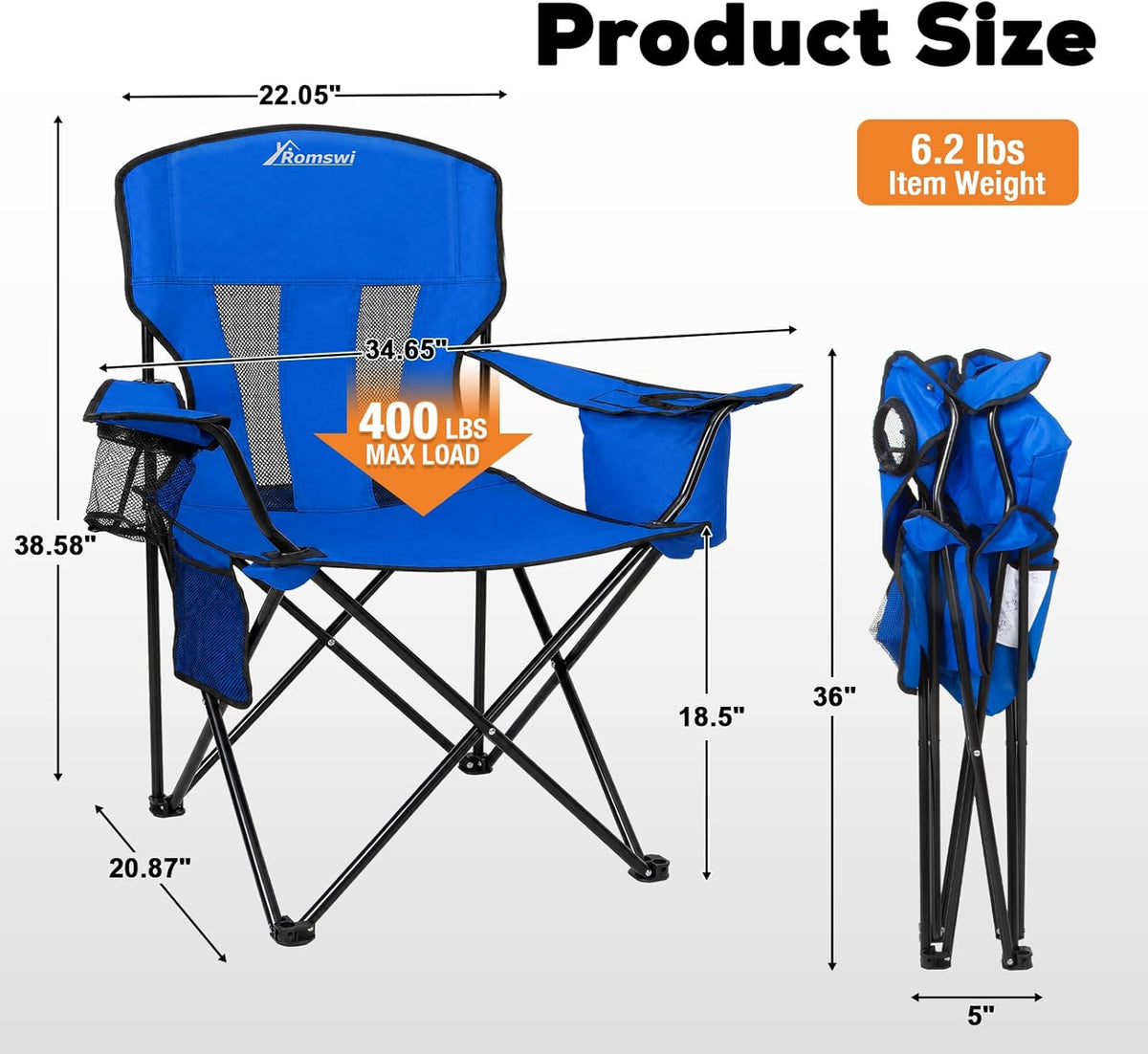 Romswi Portable Camping Chairs for Adult Support 400 LBS, Folding Outdoor Chairs with 4-Can Cooler Bag, Folding Chair with Mesh Back for Outdoor, Fishing, Garden, 2-Pack, Blue