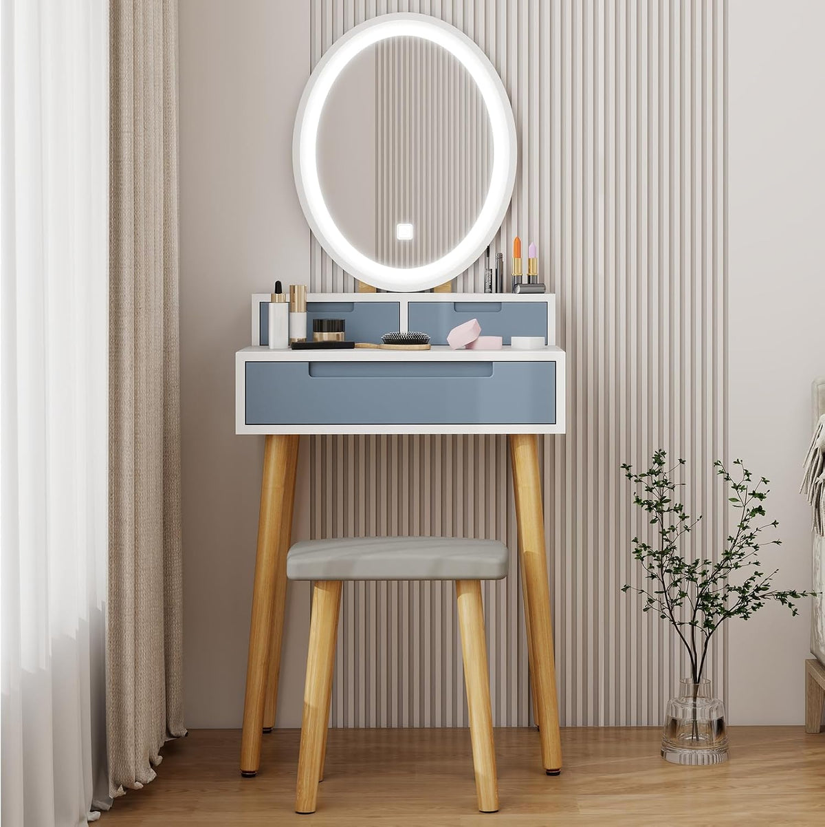 YOURLITE Small Makeup Vanity Desk with Mirror and Lights | Compact Vanity, 3 Lighting Modes, Adjustable Brightness, 3 Drawers, Cushioned Stool