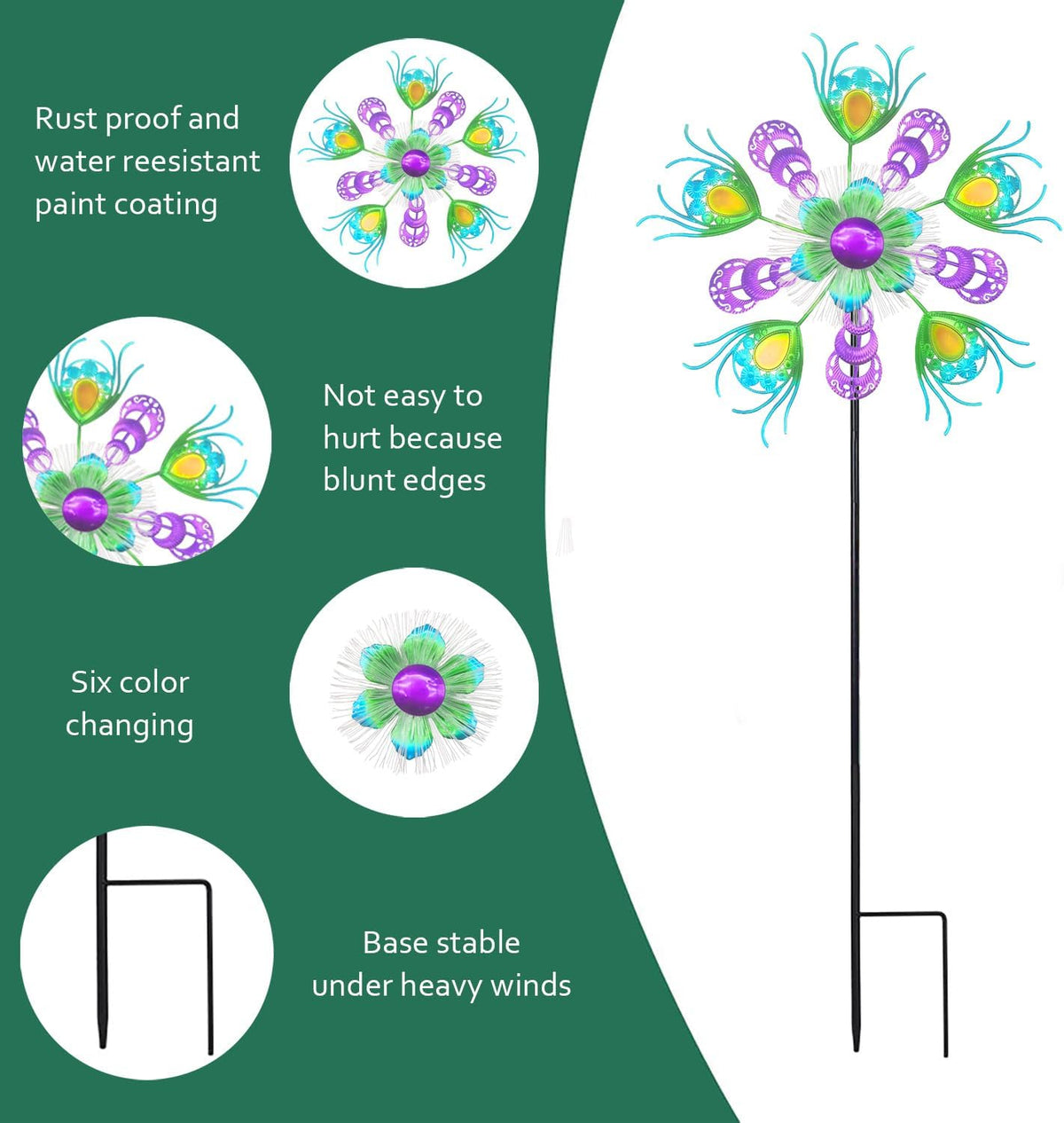 Solar Peacock Wind Spinners for Yard & Garden - 40 Inch Metal Wind Sculpture, Kinetic Windmill with Multi Color LED Lights, Lawn & Patio Art Decor