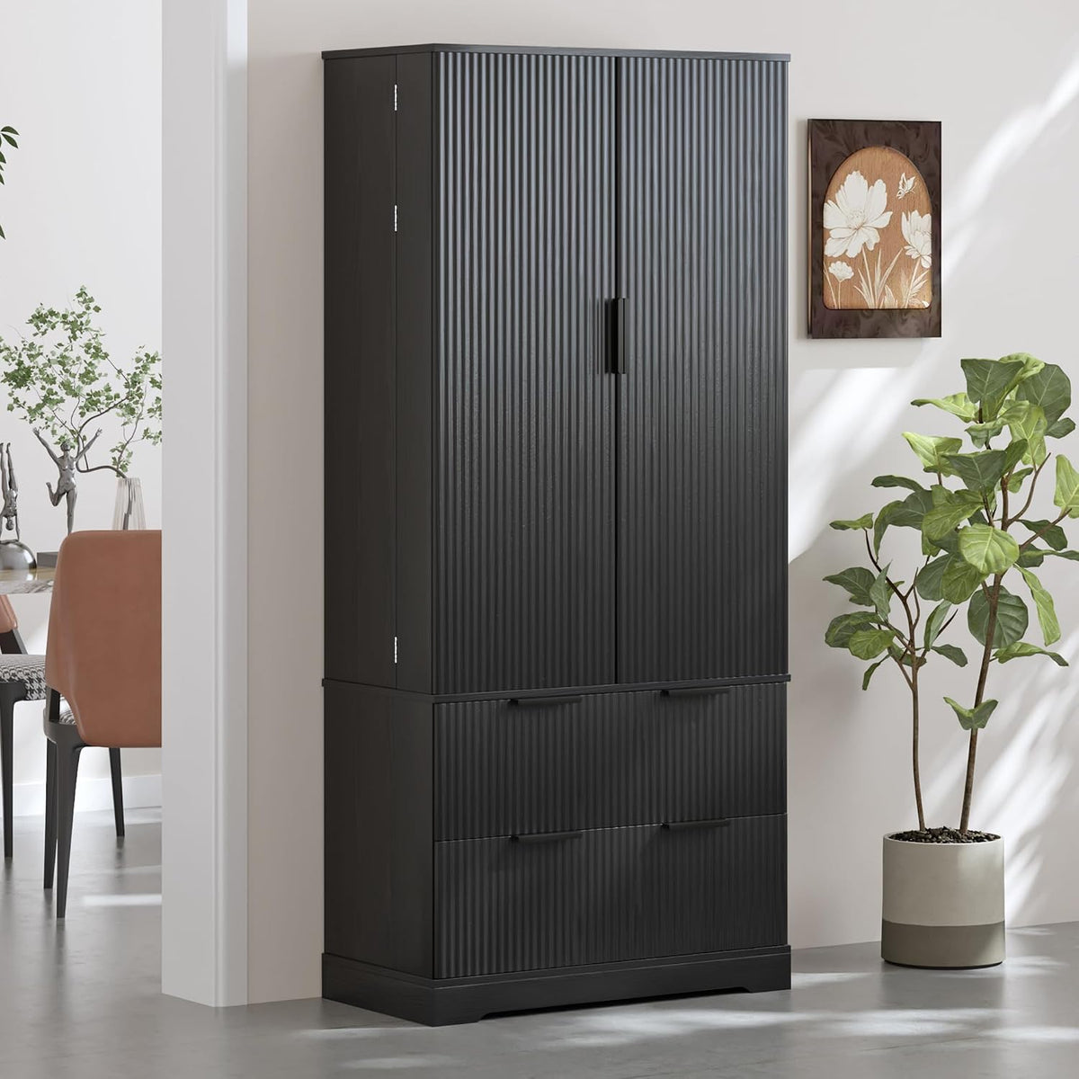 72" Modern Fluted Kitchen Pantry Cabinet with 2 Large Drawers & 8-Door Spice Rack, Freestanding Storage Organizer for Entryway, Dining Room, Office, and Bathroom (Black)