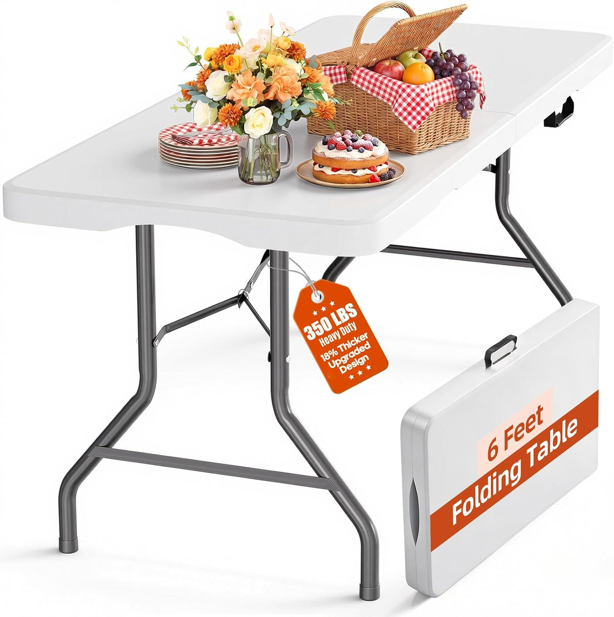 SKONYON 6ft Folding Table Heavy Duty 350 LBS Foldable Table with 18% Thicker HDPE Top Reinforced Steel Frame Portable Fold-in-Half Table Under 22 lbs for Outdoor Indoor Party Wedding Camping White