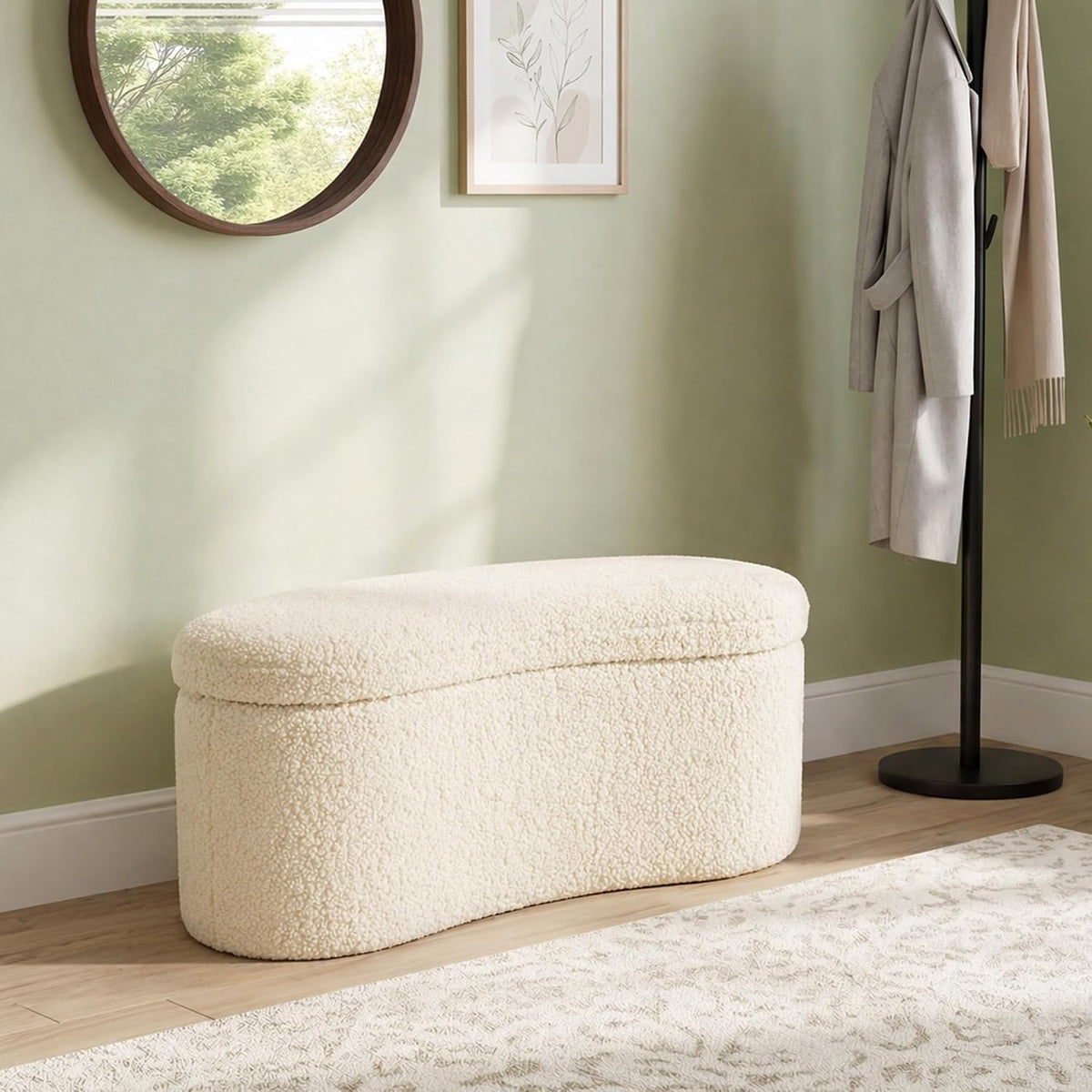 Zesthouse Storage Bench for Bedroom End of Bed, 39.4" Small Curved Entryway Ottoman Bench, White Sherpa Fabric Bench Seat for Living Room Hall Mudroom, Modern Upholstered Coffee Table Crescent Shape