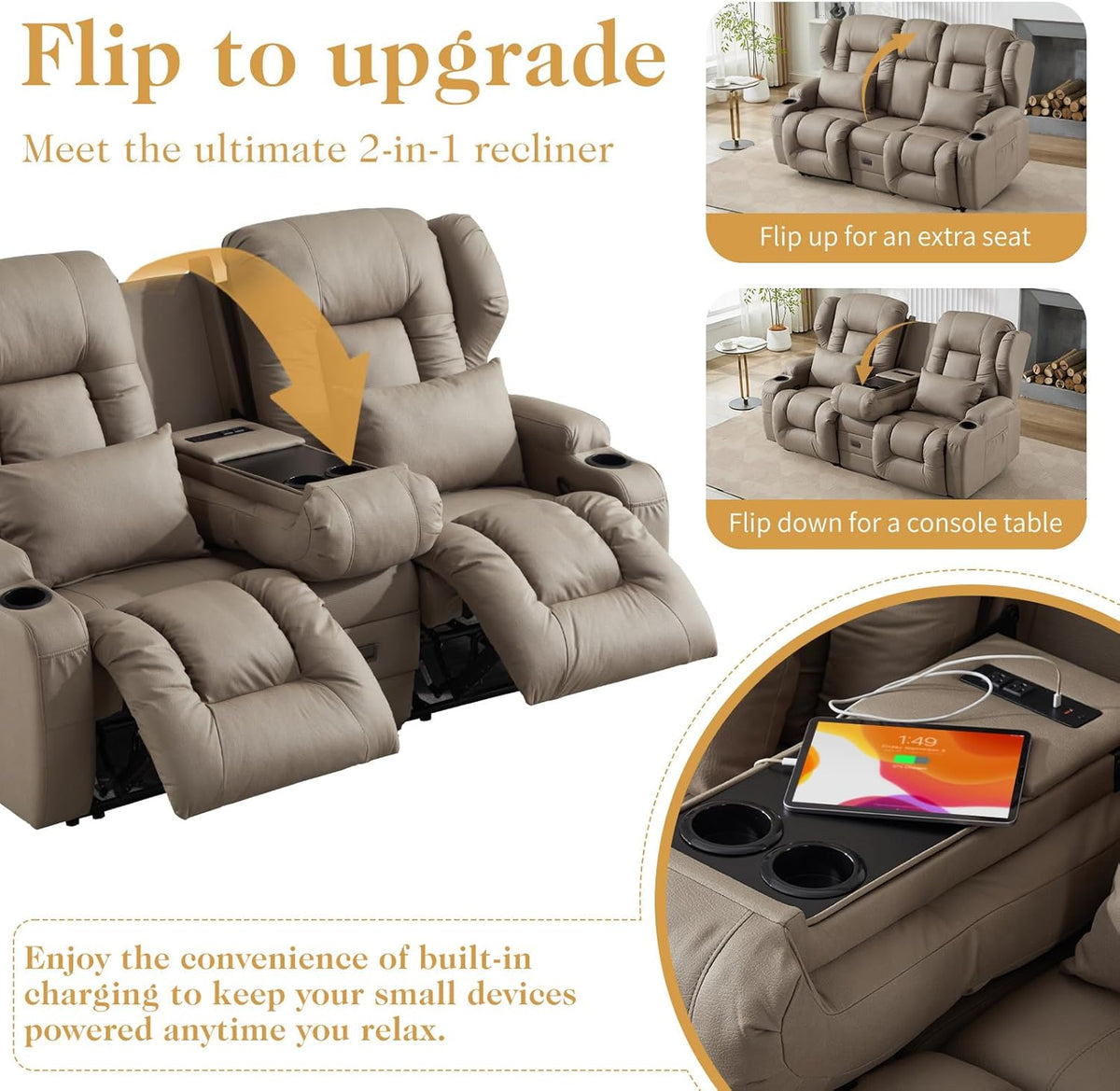 Loveseat Recliner Sofa,RV Wall Hugger Recliners for Small Spaces,Reclining Loveseat Sofa Recliner with Cup Holders/Lumbar Pillows,RV Furniture (Khaki, Loveseat with Flip-up Console)