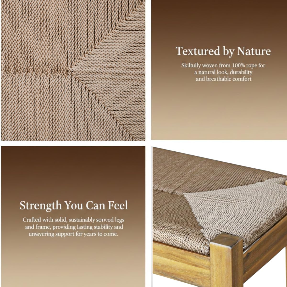 Vintage Entryway Bench, 45 inch Acacia Wood Bench with Woven Rope Seat, Wicker Bench Indoor for Hallway, End of Bed, Rustic Farmhouse Boho Style, Rope Dining Bench (Natural)