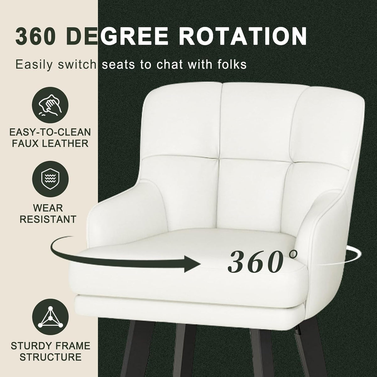 SAECKBERG 360°Swivel Counter Height Bar Stools with Back, 26 inch Solid Wood Legs, Bar Stool Modern Kitchen Island Chairs, Faux Leather (Beige- Faux Leather, 26" H- Set of 2)