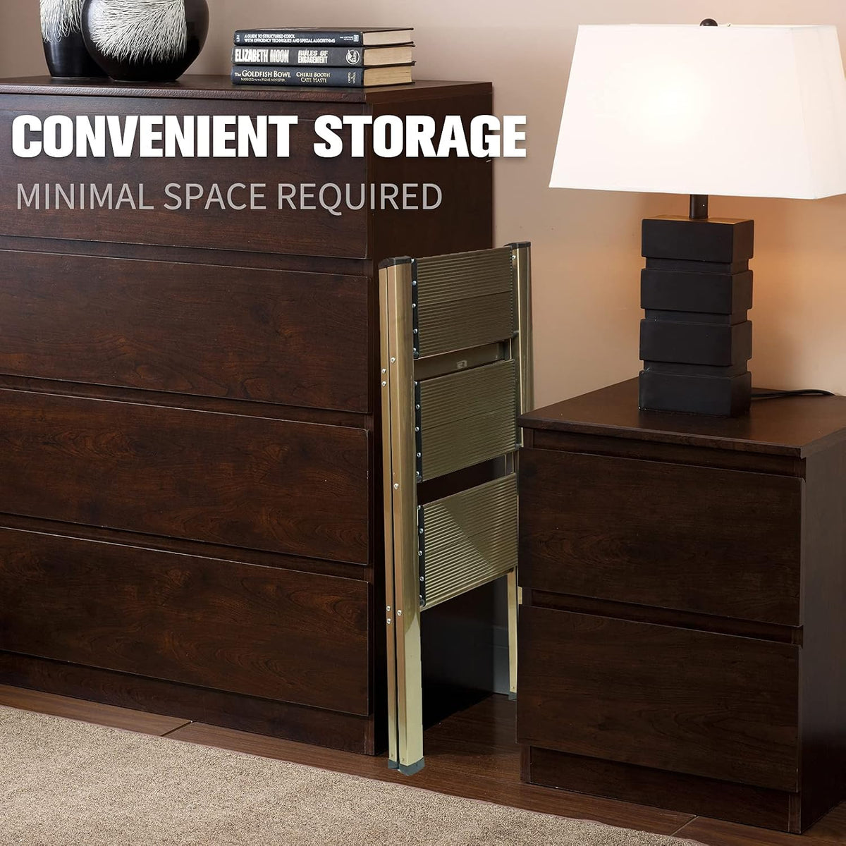 3-Step Aluminum Lightweight Folding Step Stool Ladder with Anti-Slip and Expanded Pedal for Home and Kitchen, 330lbs Capacity, Champagne…