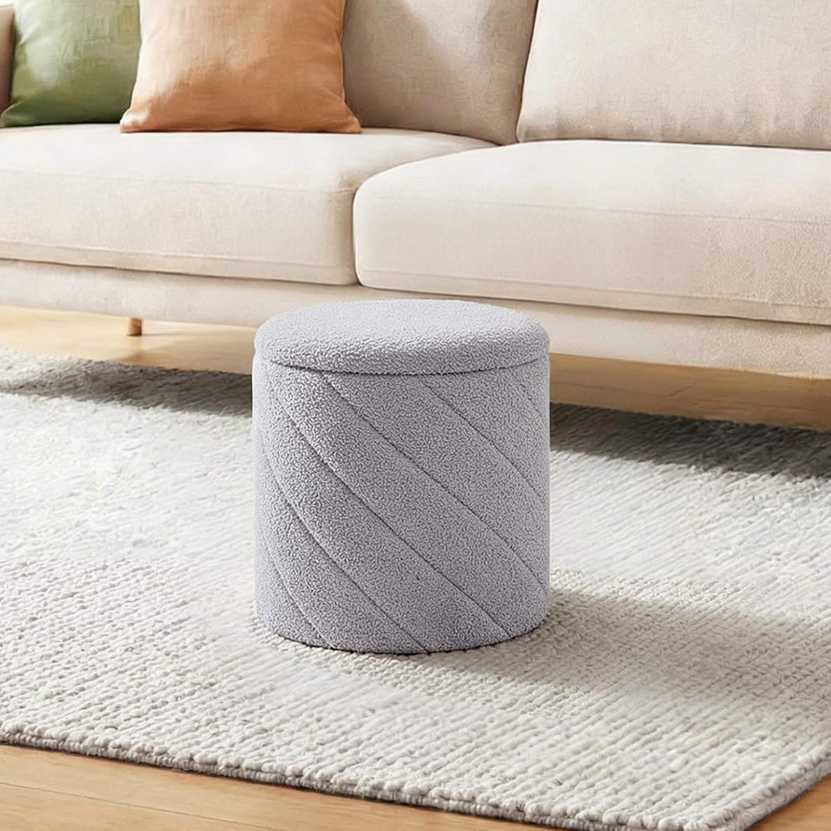 13" Foldable Boucle Round Storage Ottoman,Space-Saving Footrest/Seating/Coffee Table for Small Apartments,Dorms & Bedrooms-Grey