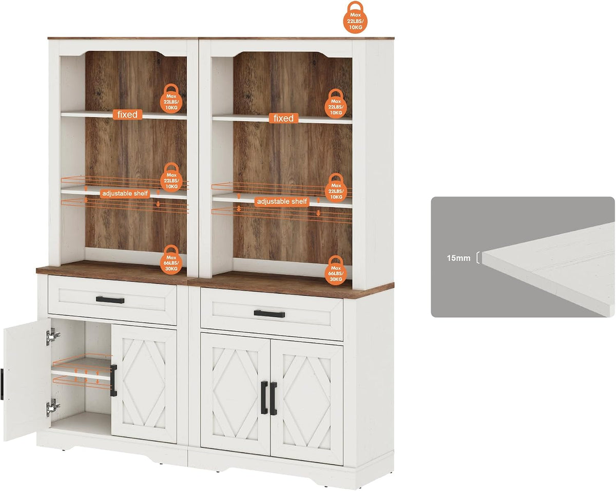 WAMPAT Kitchen Pantry with Barn Door,73.3" Tall Wood Open Storage Cupboard,Farmhouse Patry Cabinet with 2 Drawers and Adjustable Shelf for Dining Room,Living Room,Antique White