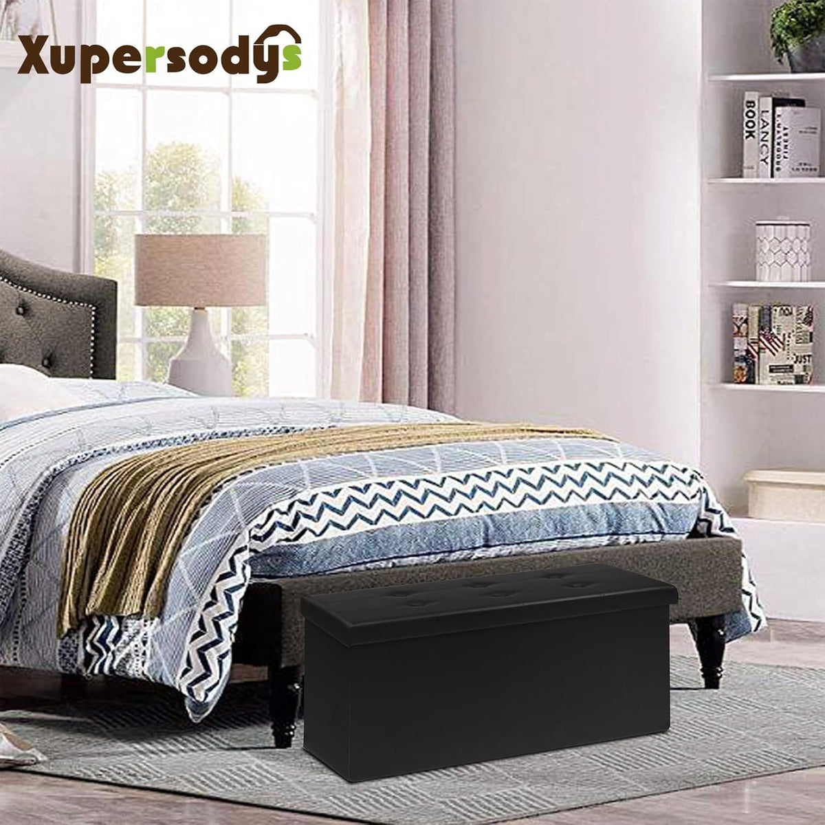30 Inches Folding Storage Ottoman Bench, Faux Leather Footstool Ottoman, Storage Trunk Footrest for Bedroom, Living Room and Hallway, Support 350lbs, Black（Black line）