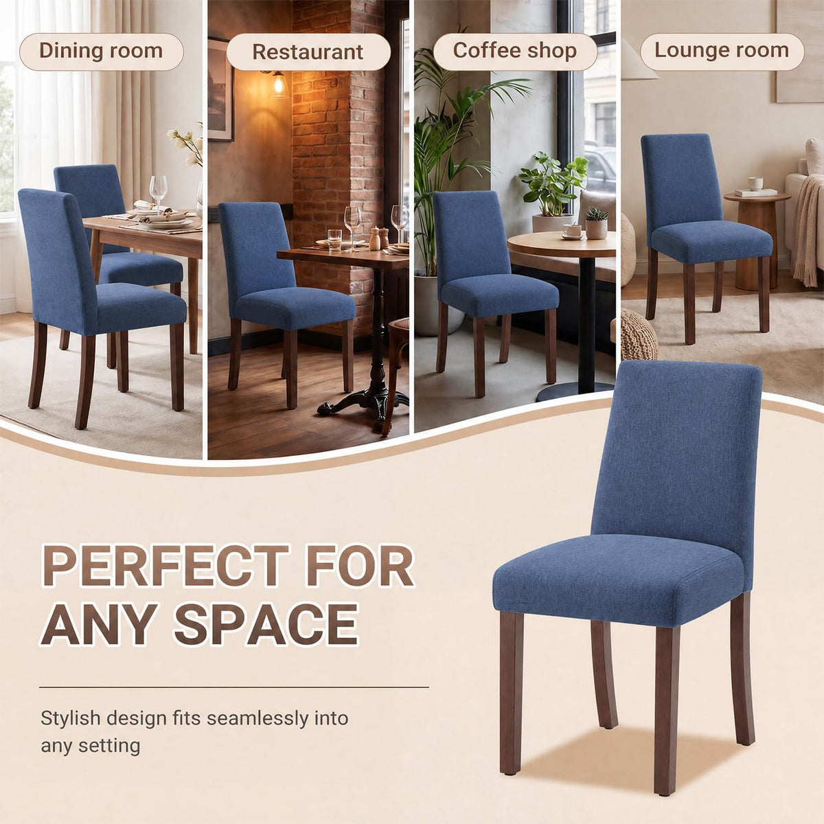 Upholstered Dining Chairs Set of 4, Mid-Century Dining Room Chairs with Wooden Legs, Farmhouse Fabric Parsons Chairs for Small Space Restaurant & Cafe- Blue
