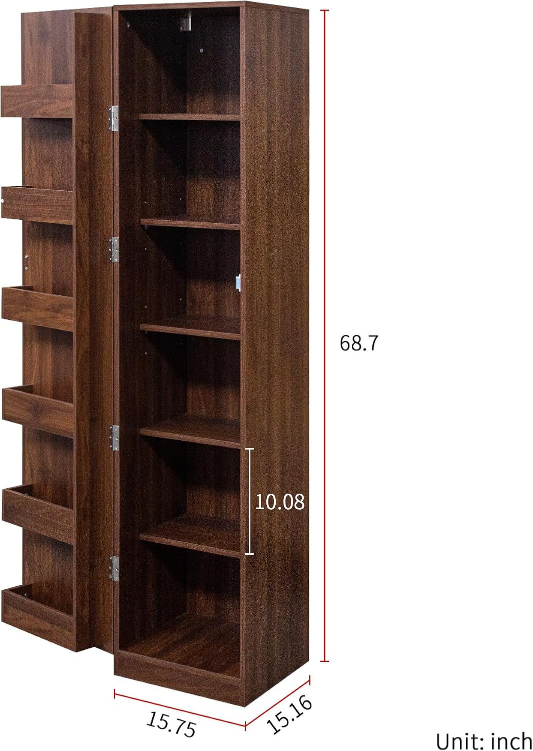 Kitchen Pantry Cabinet with 6 Shelves & 6 Side Racks, 2 Adjustable Shelves Storage Cabinet, Tall 71" Wood Pantry for Kitchen Bathroom, Walnut