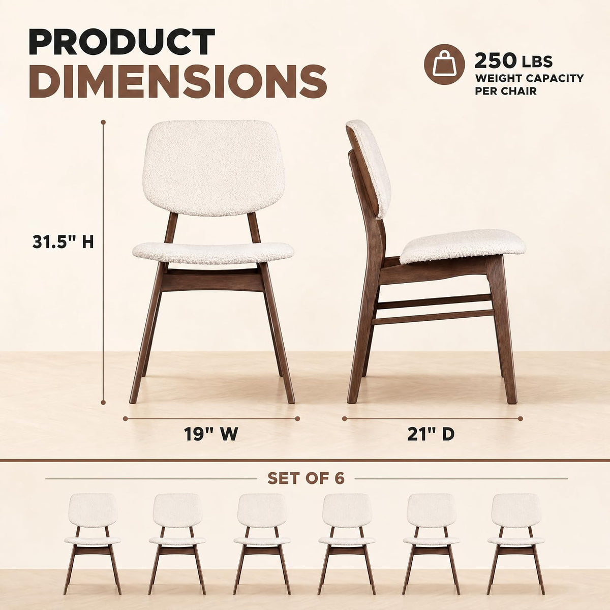 Dining Chairs Set of 6, Mid-Century Modern Dining Room Kitchen Dinner Chairs, Upholstered Vanity Living Room Chairs, Open Back and Padded Seat for Home/Kitchen/Living Room/Bedroom