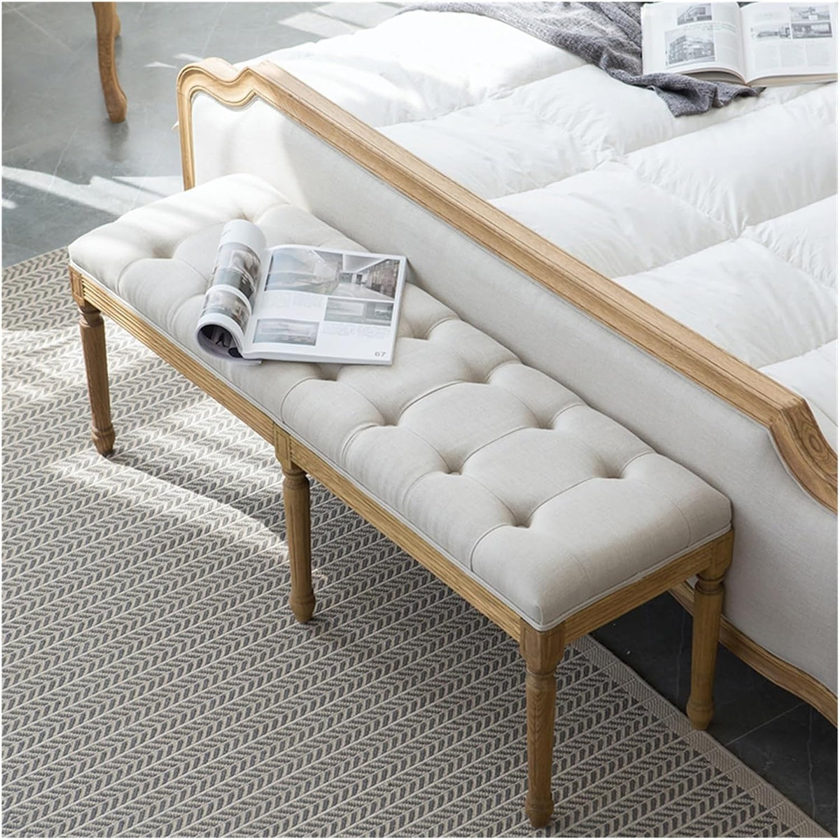 Modern French Vintage Bench with Padded Seat and Rubberwood Legs, Memory Foam Upholstered Entryway and Dining, Tufted Fabric End of Bed for Bedroom Living Room Hallway Entryway