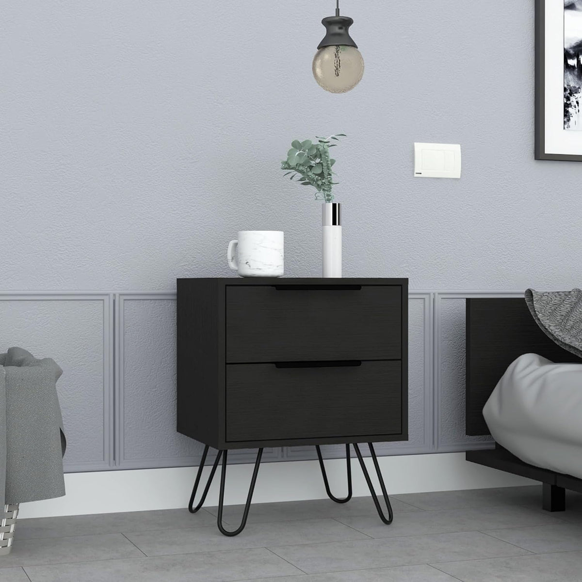 2 Nightstand, End Table, Side Table Four Legs, Two Drawers -Black,for Small Spaces