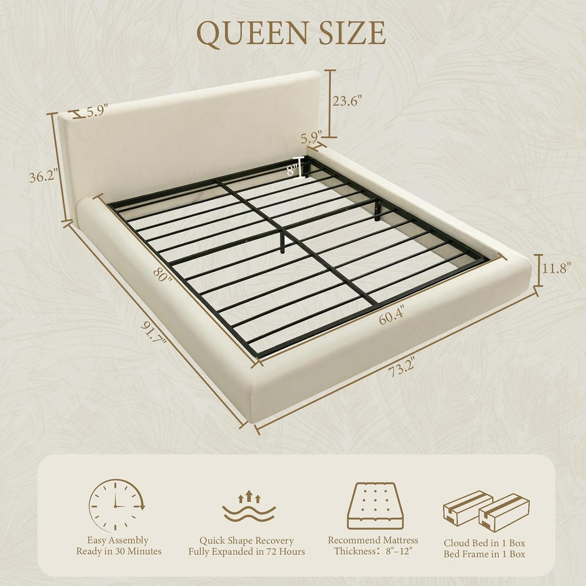 XIAO WEI Queen Cloud Bed Frame, Upholstered Platform Bed Frame with Headboard, 5.9" Thick Fully Padded Frame, Warm Ivory Ribbed Chenille Fabric, Noise-Free, No Box Spring Required, Easy Assembly