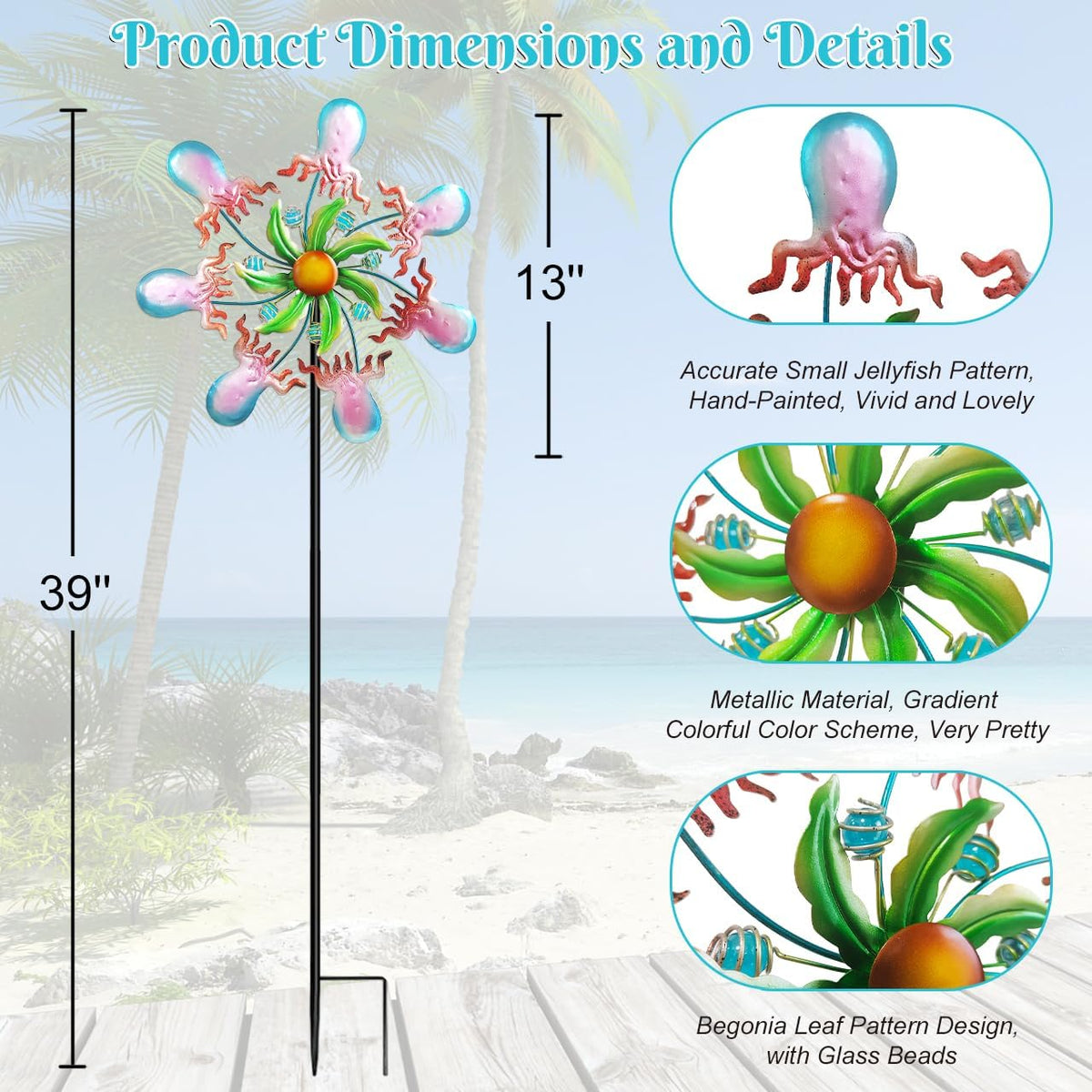 Jellyfish Wind Spinners - 39" Ocean-Themed Metal Wind Sculptures Garden Stake Art, 13.5” Windmill Yard Kinetic, Outdoor Decor for Patio & Lawn - Metal Beach Sculpture with Jellyfish Design