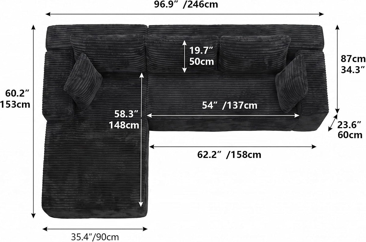 Couch Modular Sectional Sofa Cloud Couch | Oversized Deep-Seat Wide-Wale Corduroy L-Shaped Sectional Couch for Living Room, Apartment and Family Room