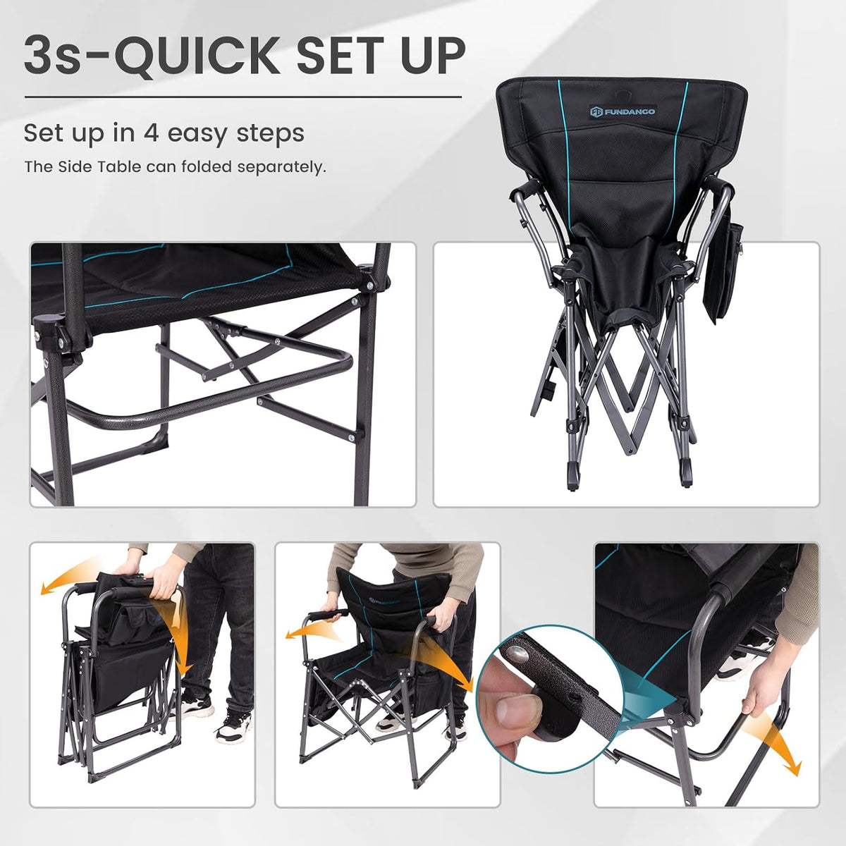 FUNDANGO Oversized Folding Chairs for Outside, Fully Padded Camping Director Chair for Adults, Support 450lbs Portable lawn chairs with Side Table, Side Pockets for outdoor Camp, Picnic, Lawn, Concert