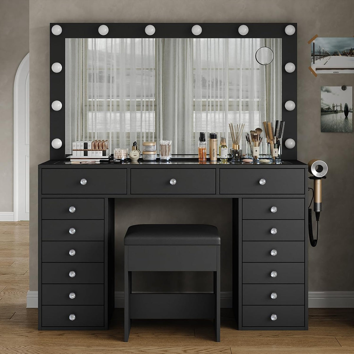 FUSOU 15 Drawers Vanity Desk with Mirror and Lights, Black | 47'' Makeup Vanity with Charging Station, 3 Color Modes Adjustable Brightness, Glass Top Vanity with Stool for Bedroom