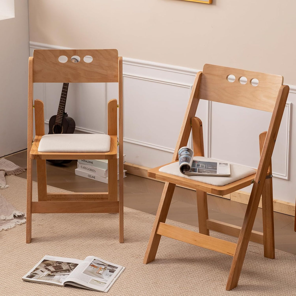 Wooden Folding Chair, Round Hole backrest,Natural Color,Set of 4 | Wooden folding chair with soft cushion, durable comfy, no assembly, ideal for home, wedding, banquet and indoor activities