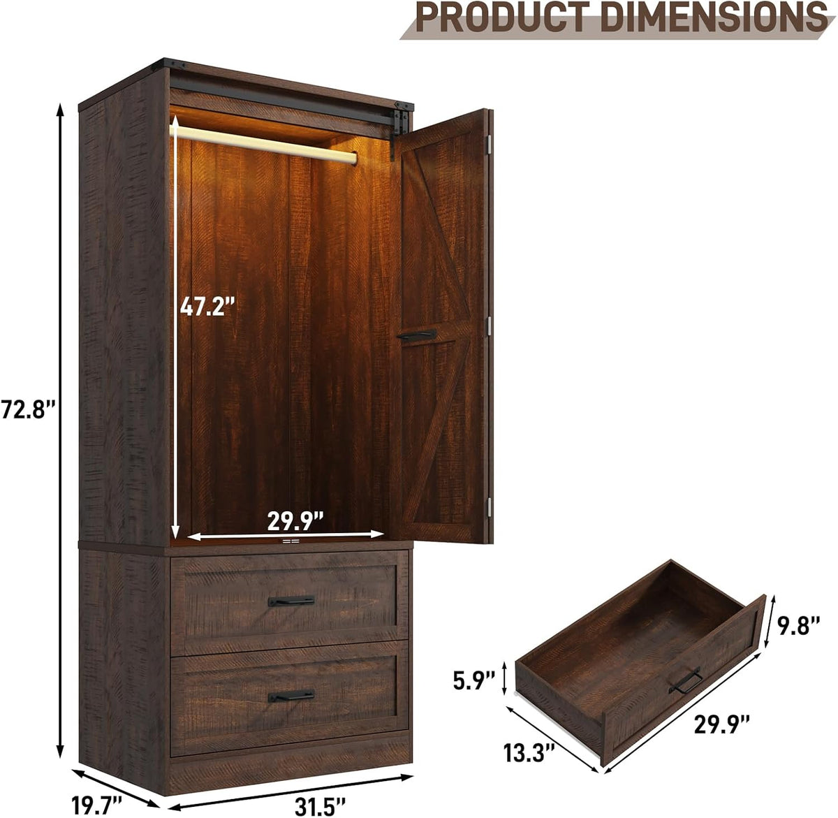 Farmhouse 2 Doors Armoire Wardrobe Closet w/ Folding Sliding Barn Door and Lights, LED Armoire Closet w/Drawers for Bedroom, Freestanding Wooden Wardrobe Storage Closet w/Hanging Rod,Rustic Brown