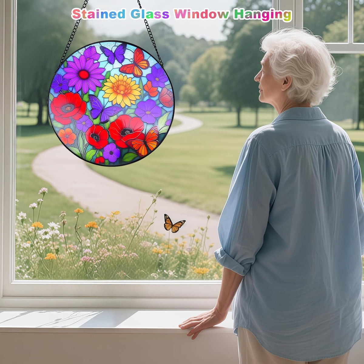 Sunflower Stained Glass Window Hanging - Wildflowers Suncatcher for Indoor Window, Floral Stained Glass Decor for Garden, Home, Outdoor, Sun Catchers Birthday Gift for Women,Lovers and Mom 12 Inch