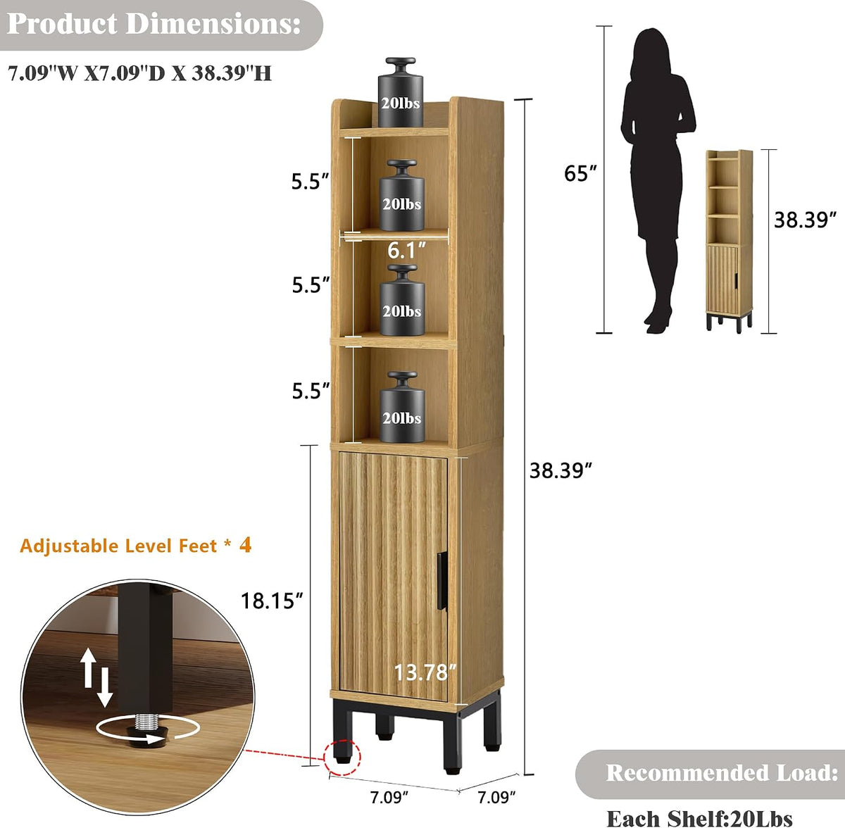 FerniTry Narrow Bathroom Storage Cabinet, Corner Toilet Paper Floor Cabinet 5 Tiers with Door and Shelves,Bathroom Organizer with Adjustable Shelf, for Small Spaces (Oak)