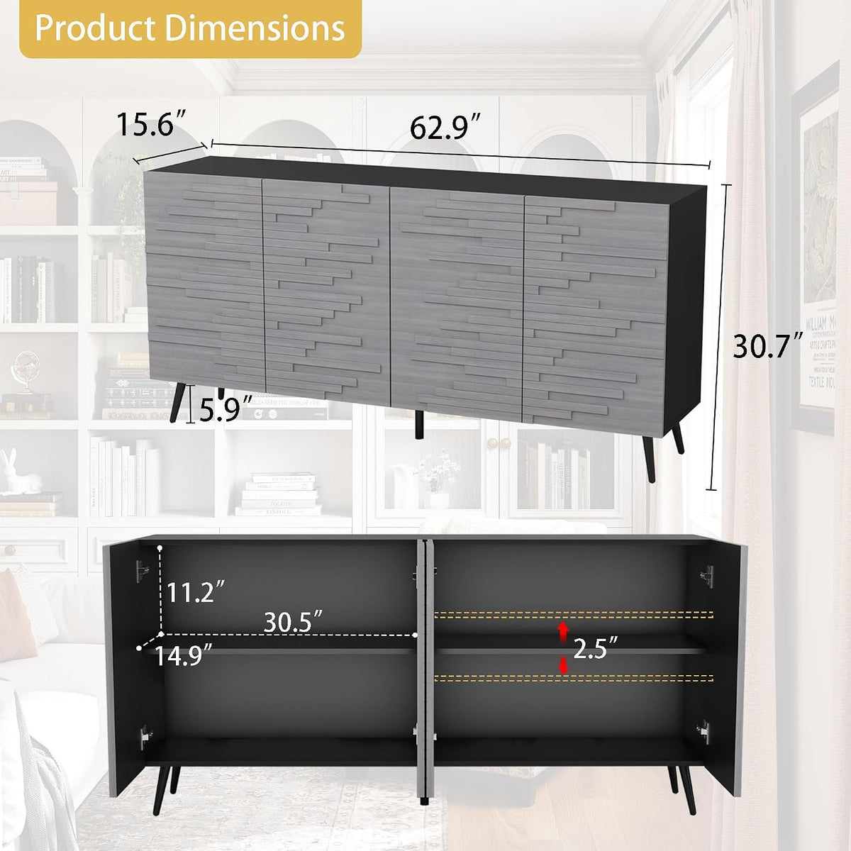 Modern Credenza Storage Cabinet: 63" Grey and Black Sideboard Buffet