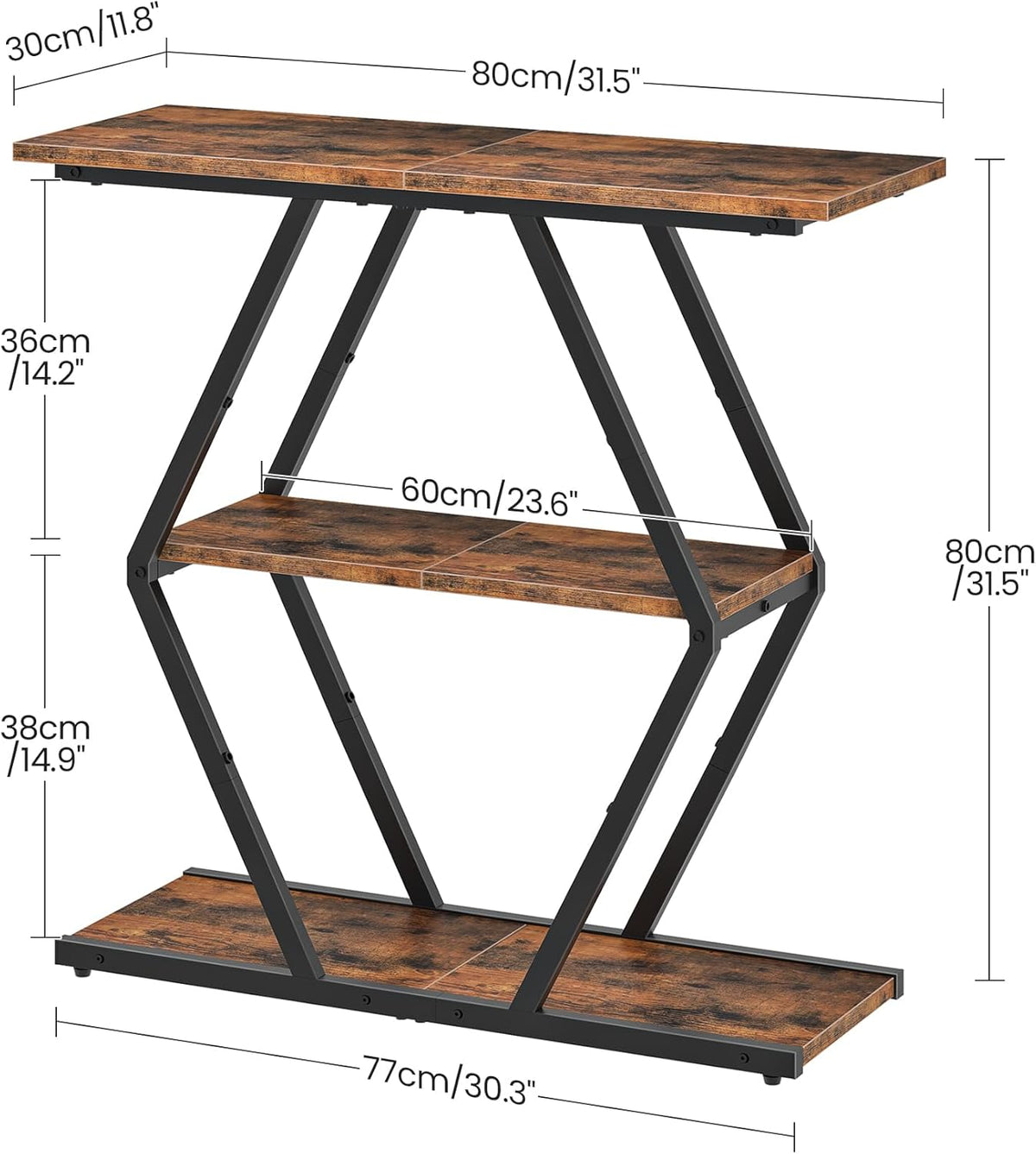 CHOEZON 3-Tier Console Table, Entryway Table, Sofa Table with Open Shelves, Diamond-Shaped Behind Coach Table, Industrial, for Hallway, Entryway, Living Room, Stairwell, Rustic Brown and Black TXG08BF