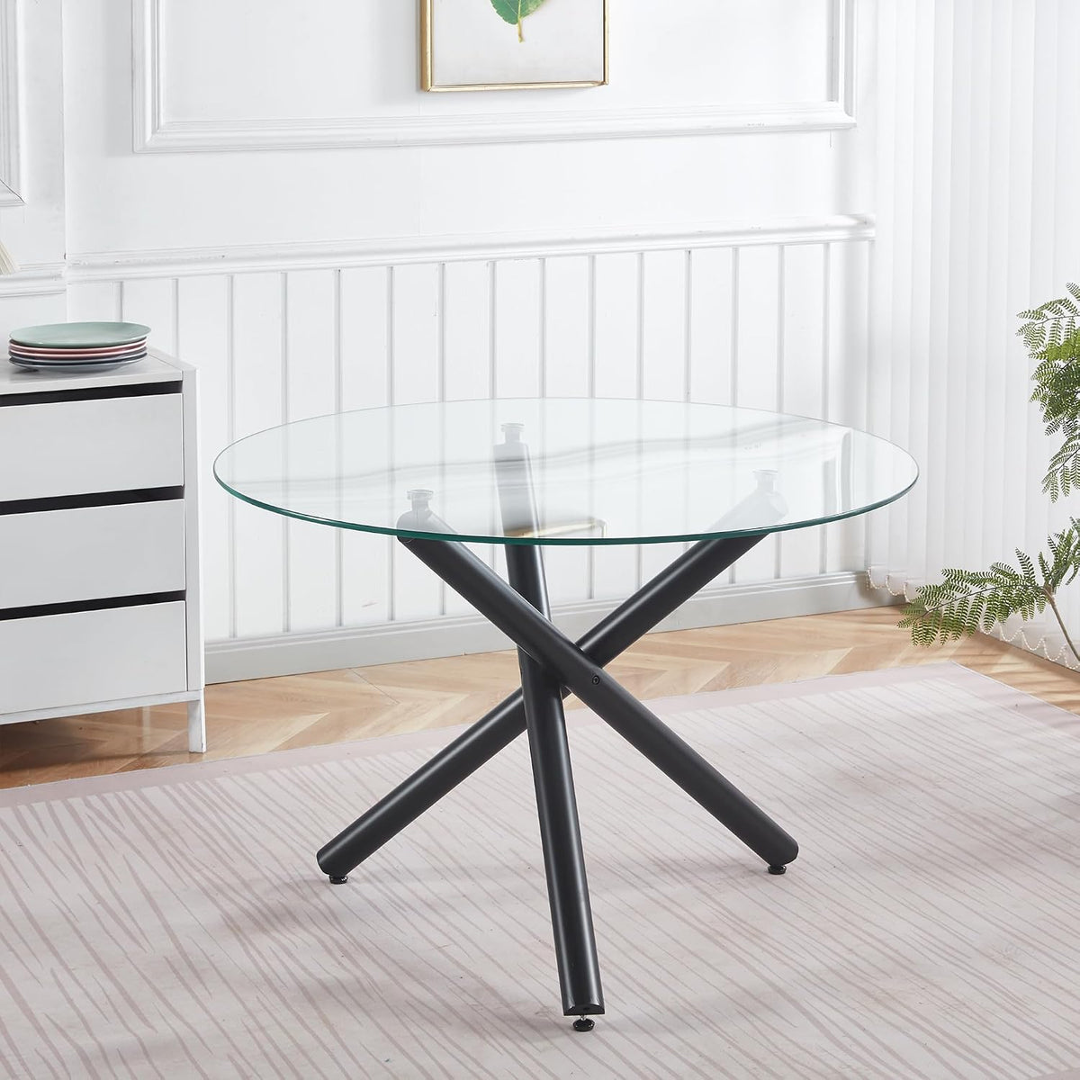 Modern Dining Room Table for 4 People, 36" Round Dining Table with Black Chrome Metal X-Base, Circle Tempered Glass Dining Room Tables, Small Dining Table Kitchen Tables Dinner Tables