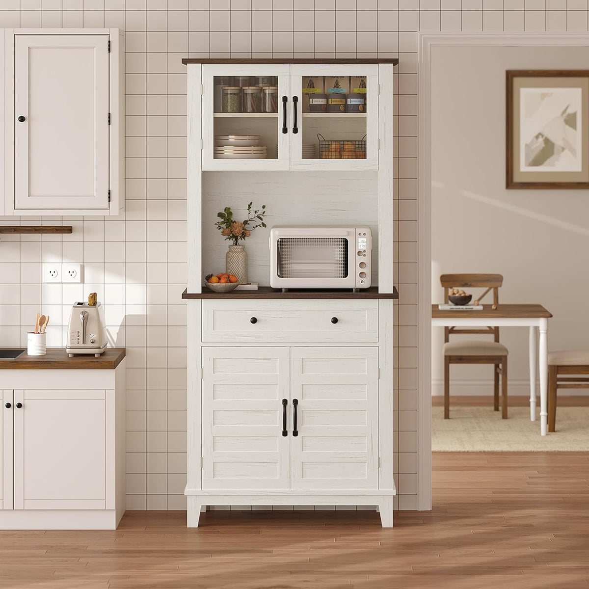 CABIHOME 72 Inch Tall Wine Rack Pantry Cabinet, 31.5×15.75×72.2 Inches PB+MDF+Glass, Freestanding Kitchen Storage Cabinet with Adjustable Shelves & Glass Doors for Living Room & Kitchen