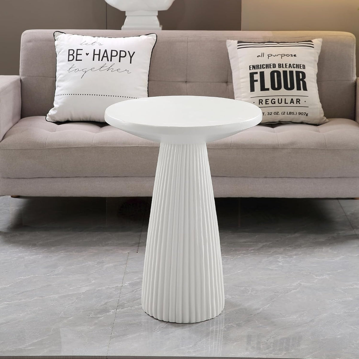 Henf 17.72" Round End Table for Indoor Outdoor, Fluted Pedestal Base, Magnesium Oxide, Waterproof, Unique Design MGO Accent Side Table Night Stand Bedside Table for Living Room Bedroom, White